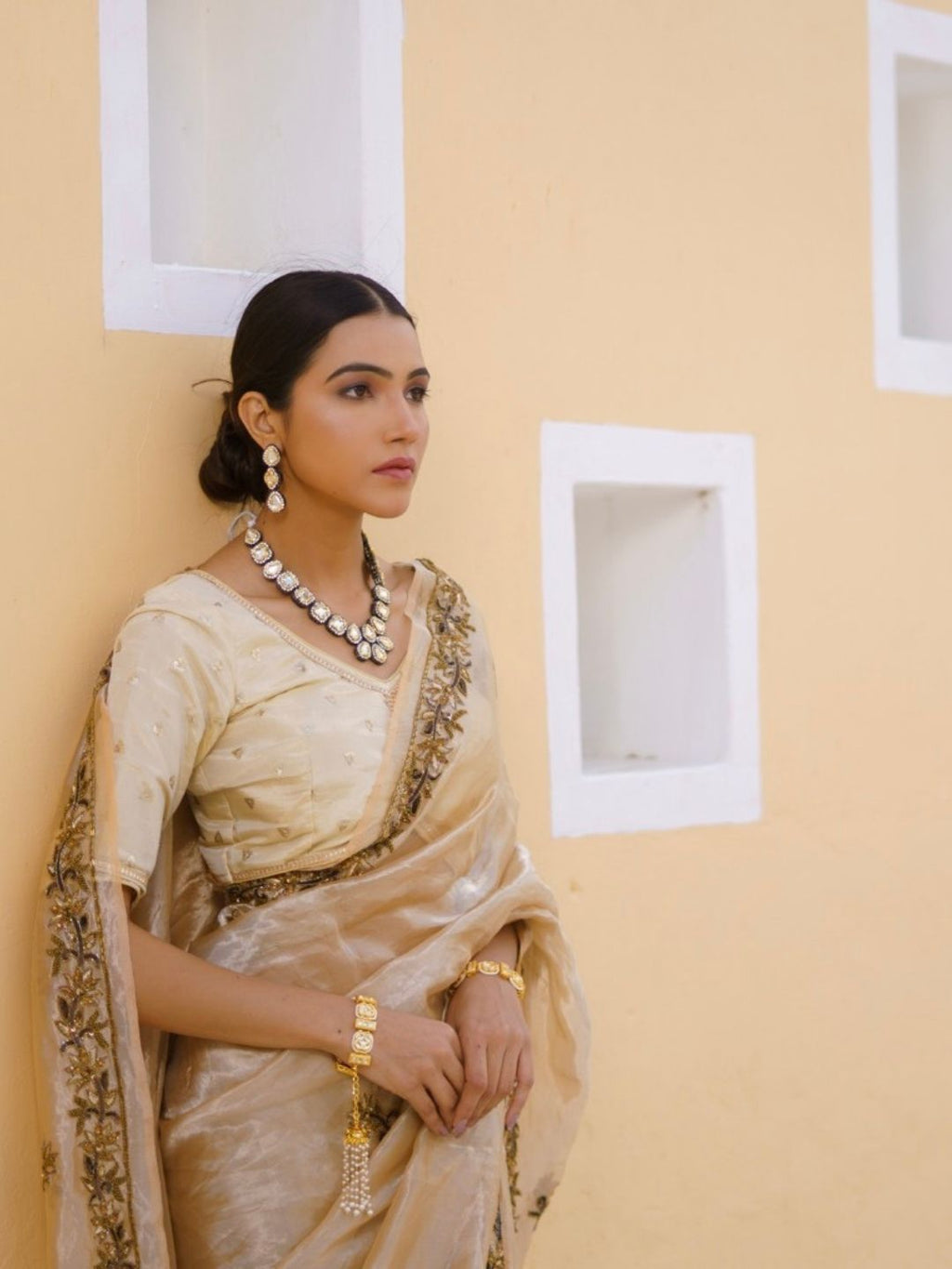 Champagne Gold Organza Silk Saree – Hand Embroidery