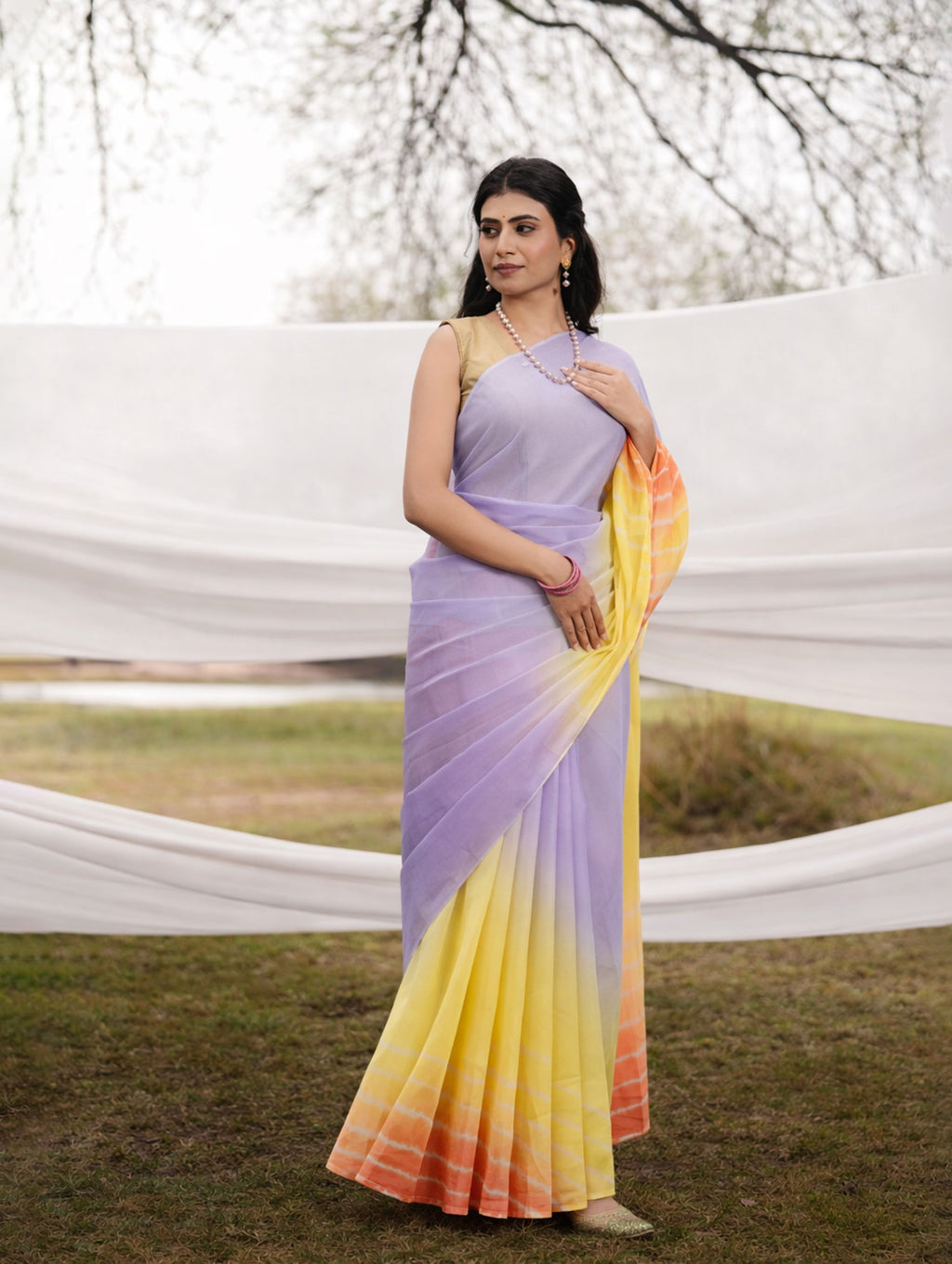 levender Yallow Orange Multicolor Hand-Dyed Double DIamond Chiffon Saree