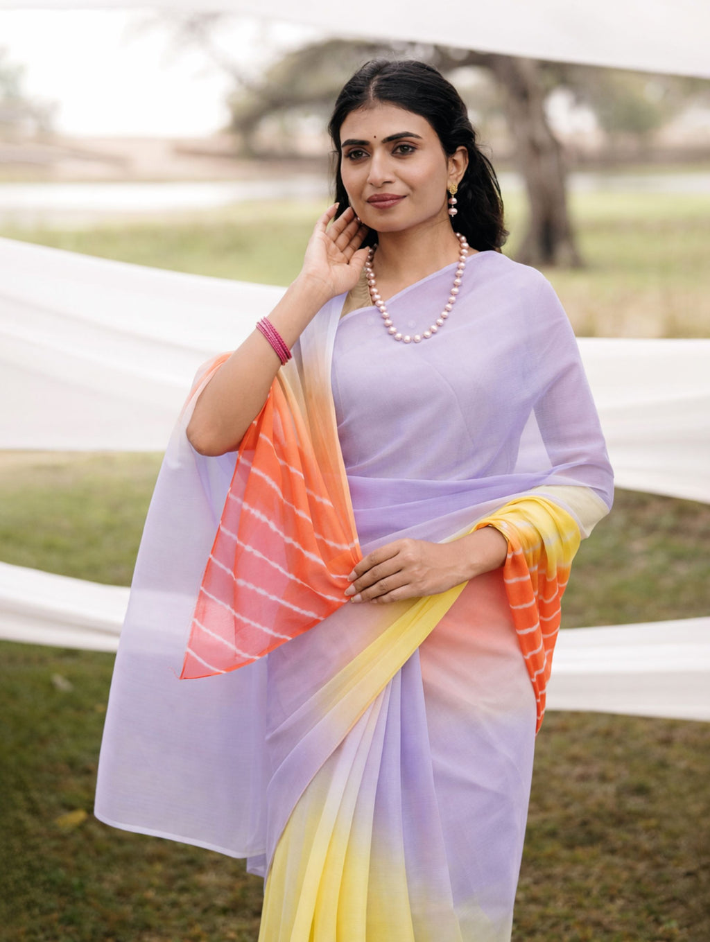 levender Yallow Orange Multicolor Hand-Dyed Double DIamond Chiffon Saree