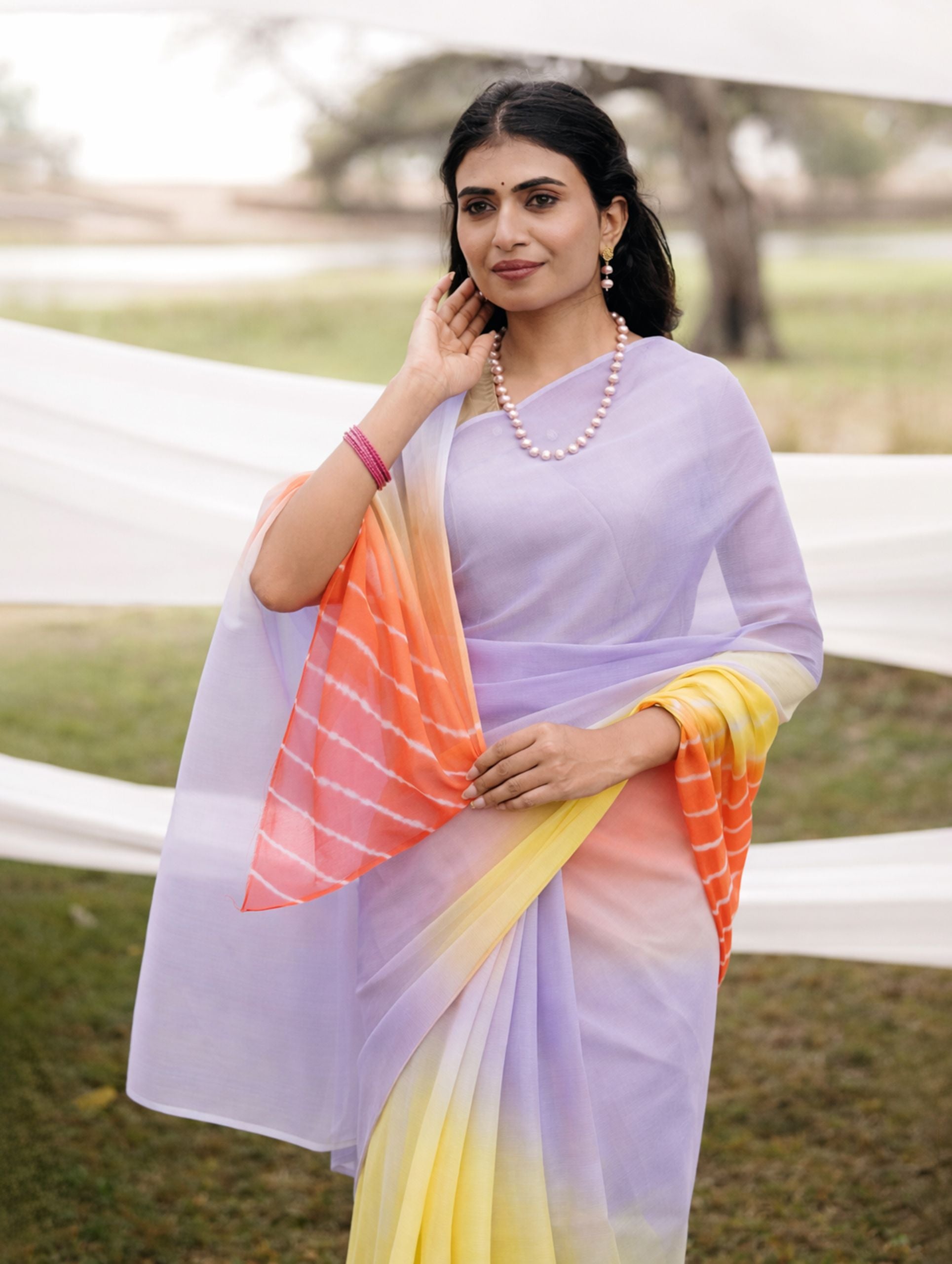 levender Yallow Orange Multicolor Hand-Dyed Double DIamond Chiffon Saree