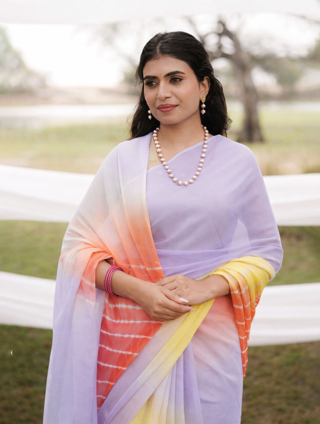 levender Yallow Orange Multicolor Hand-Dyed Double DIamond Chiffon Saree