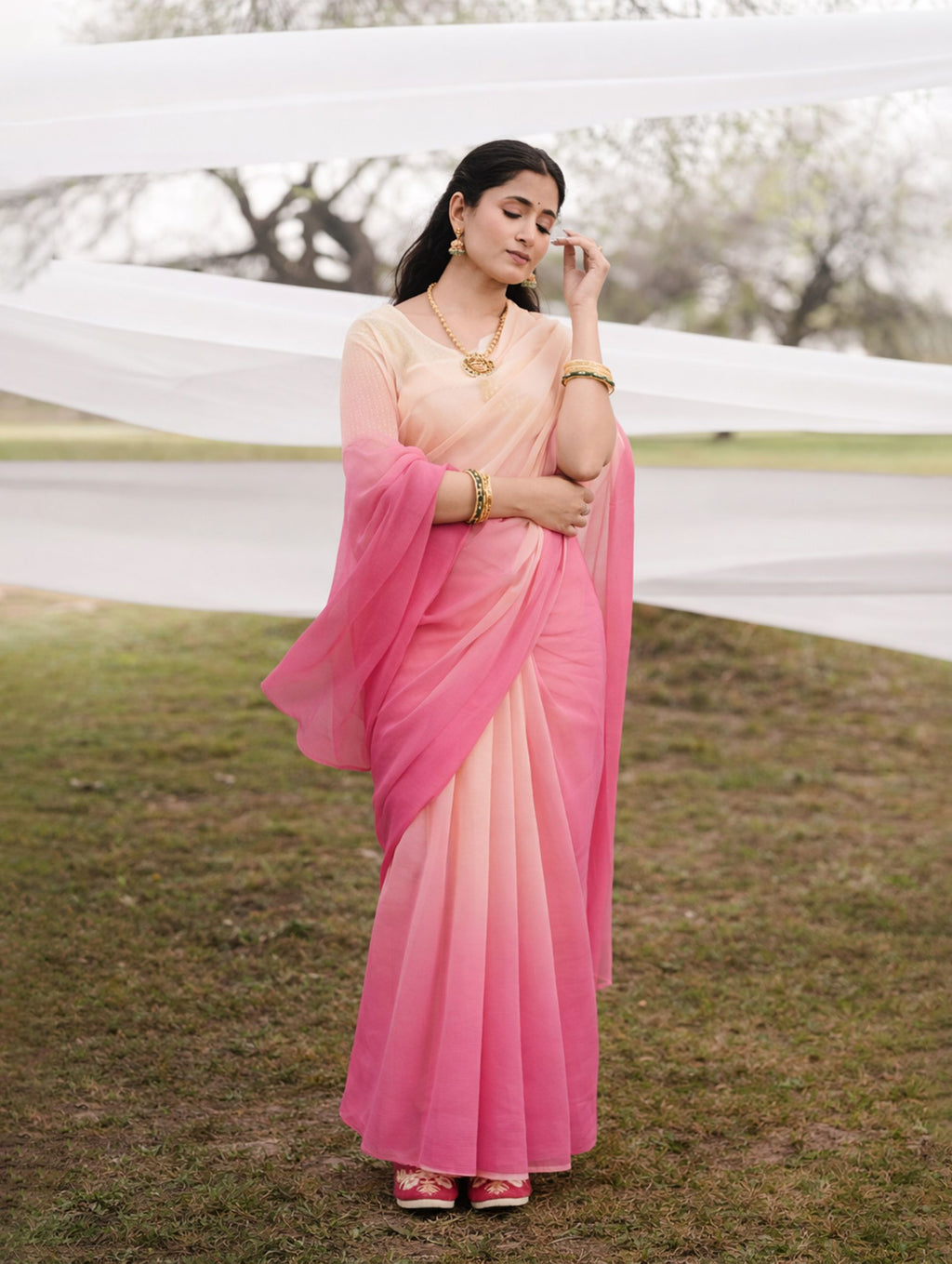 Rouge Pink Elegant Cream Shaded Hand-Dyed Viscose Chiffon Saree