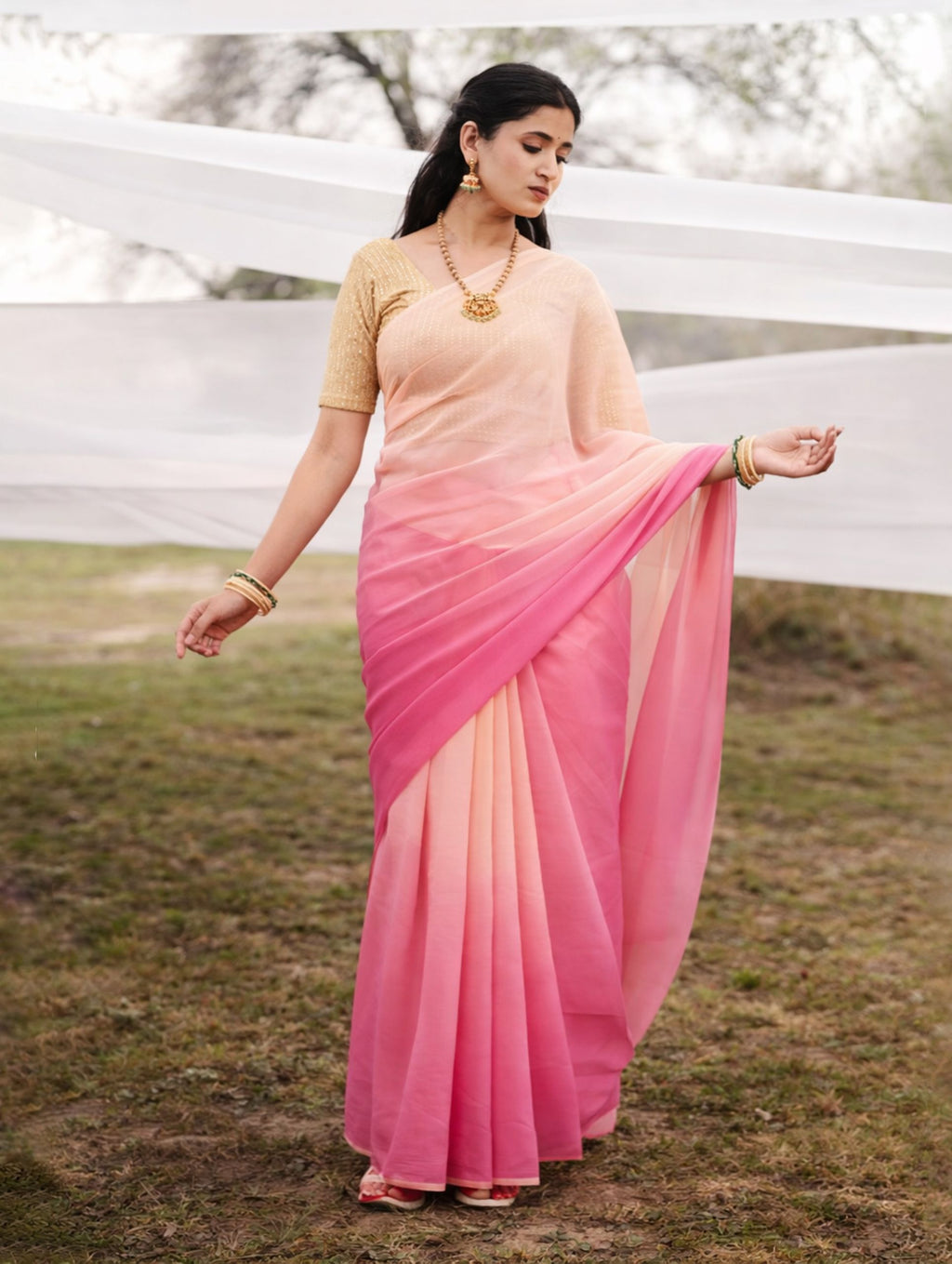 Rouge Pink Elegant Cream Shaded Hand-Dyed Viscose Chiffon Saree