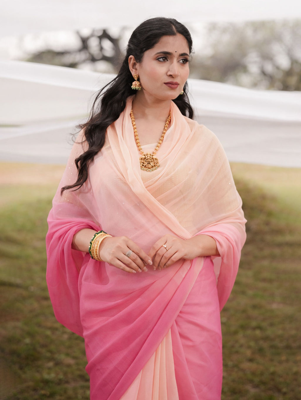 Rouge Pink Elegant Cream Shaded Hand-Dyed Viscose Chiffon Saree