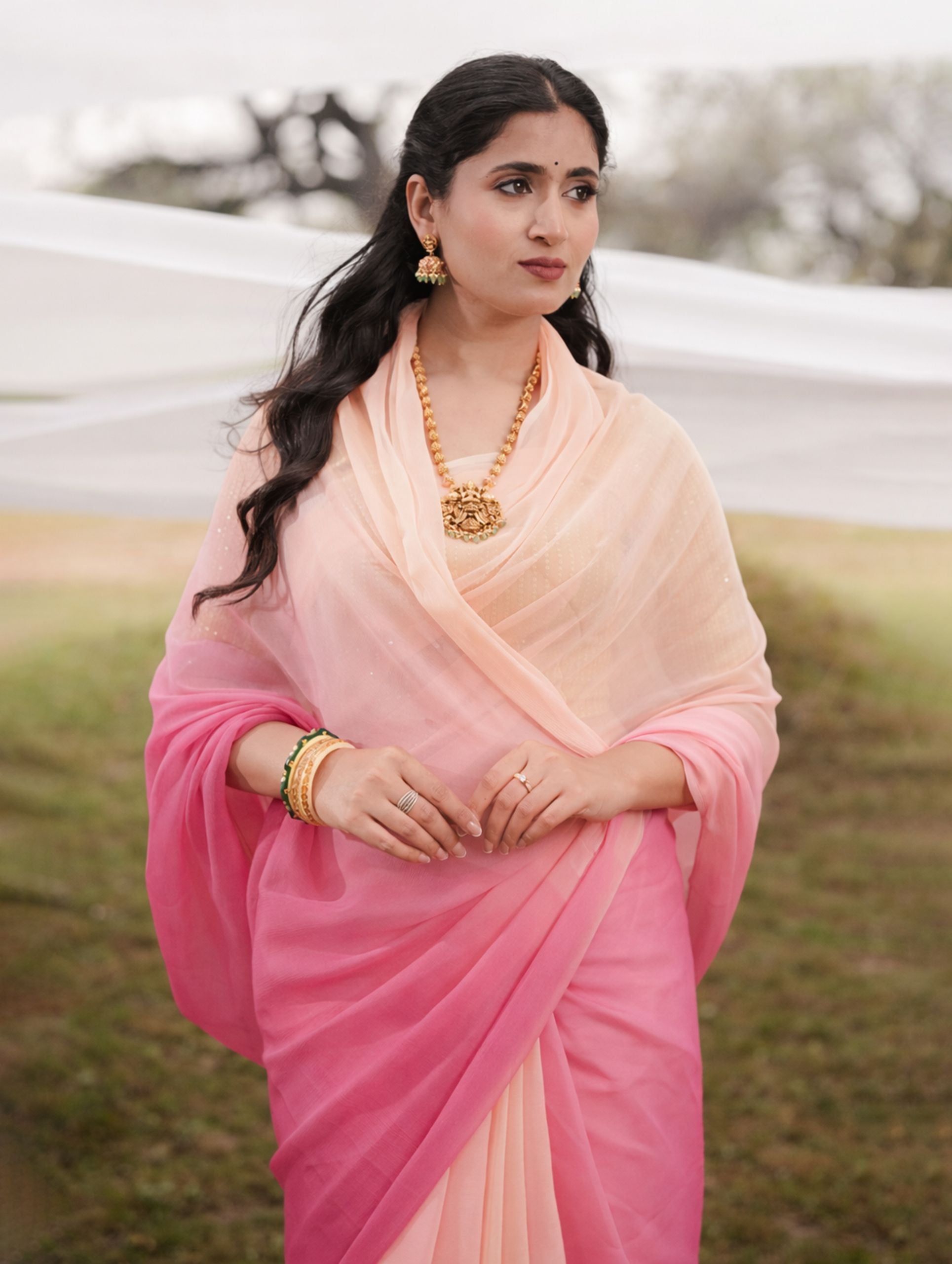 Rouge Pink Elegant Cream Shaded Hand-Dyed Viscose Chiffon Saree