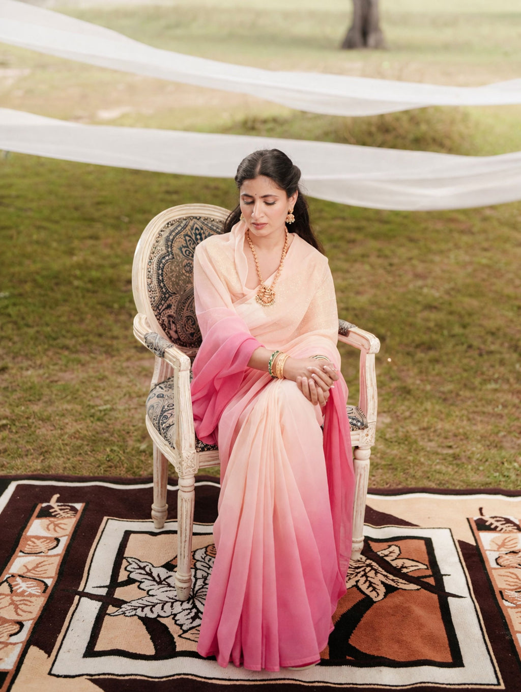 Rouge Pink Elegant Cream Shaded Hand-Dyed Viscose Chiffon Saree