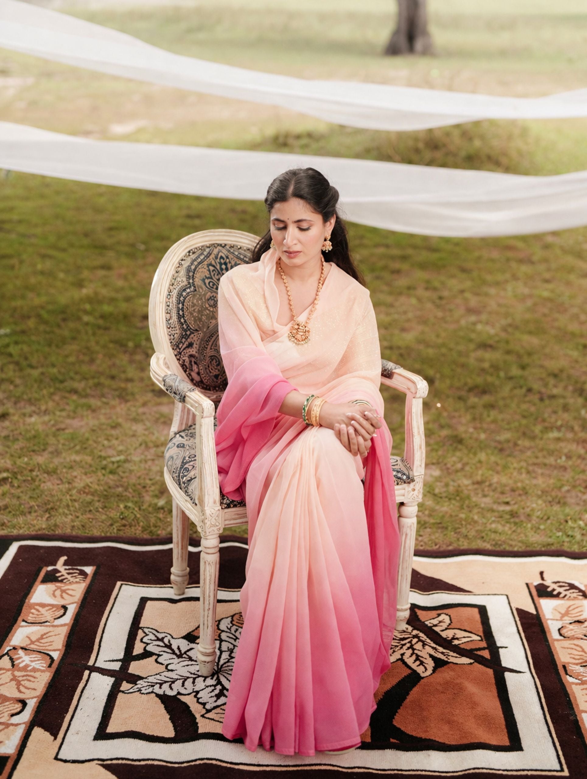 Rouge Pink Elegant Cream Shaded Hand-Dyed Viscose Chiffon Saree