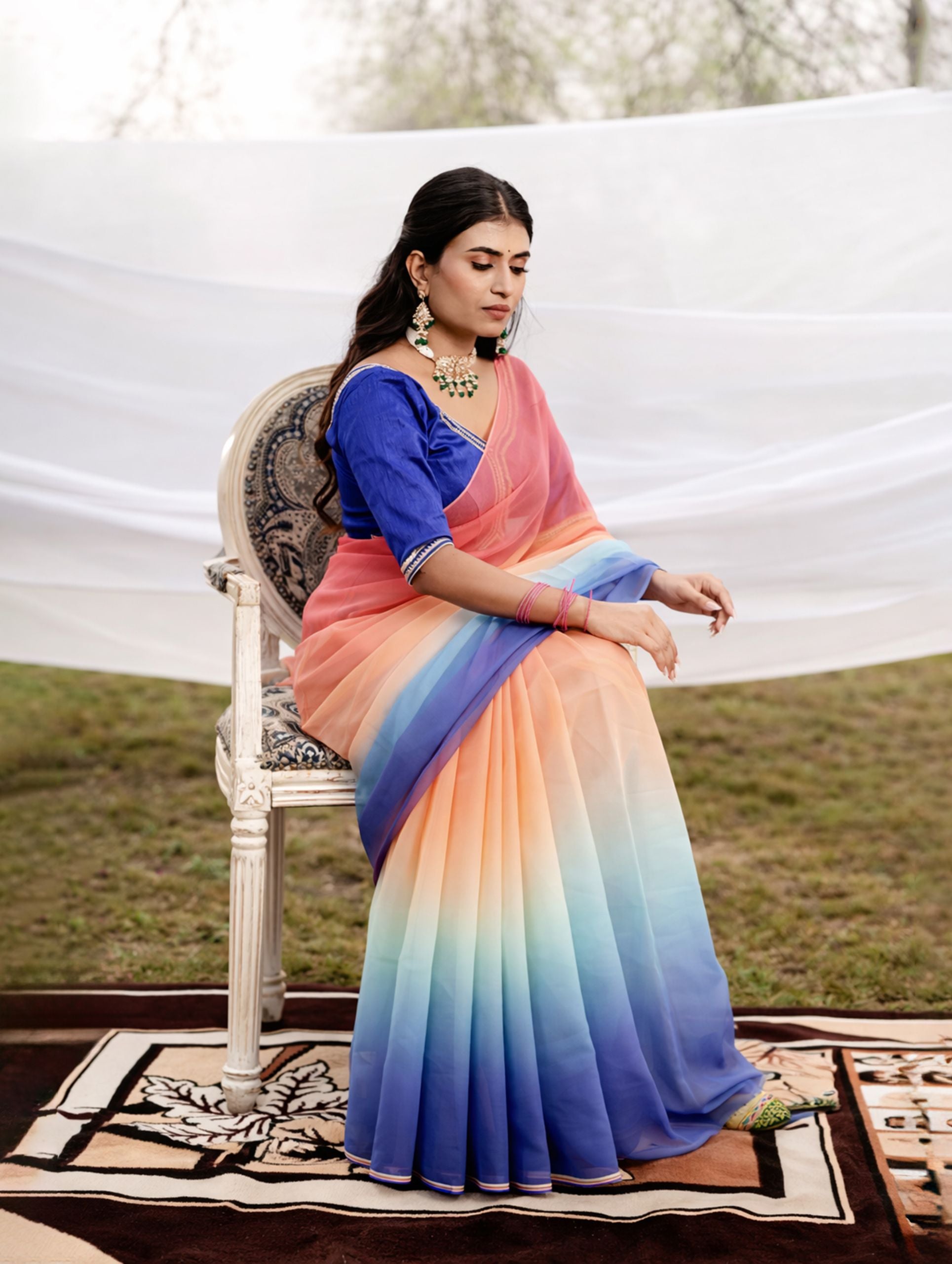 Royal Blue Flamingo Pick Shaded Hand-Dyed Viscose Chiffon Saree