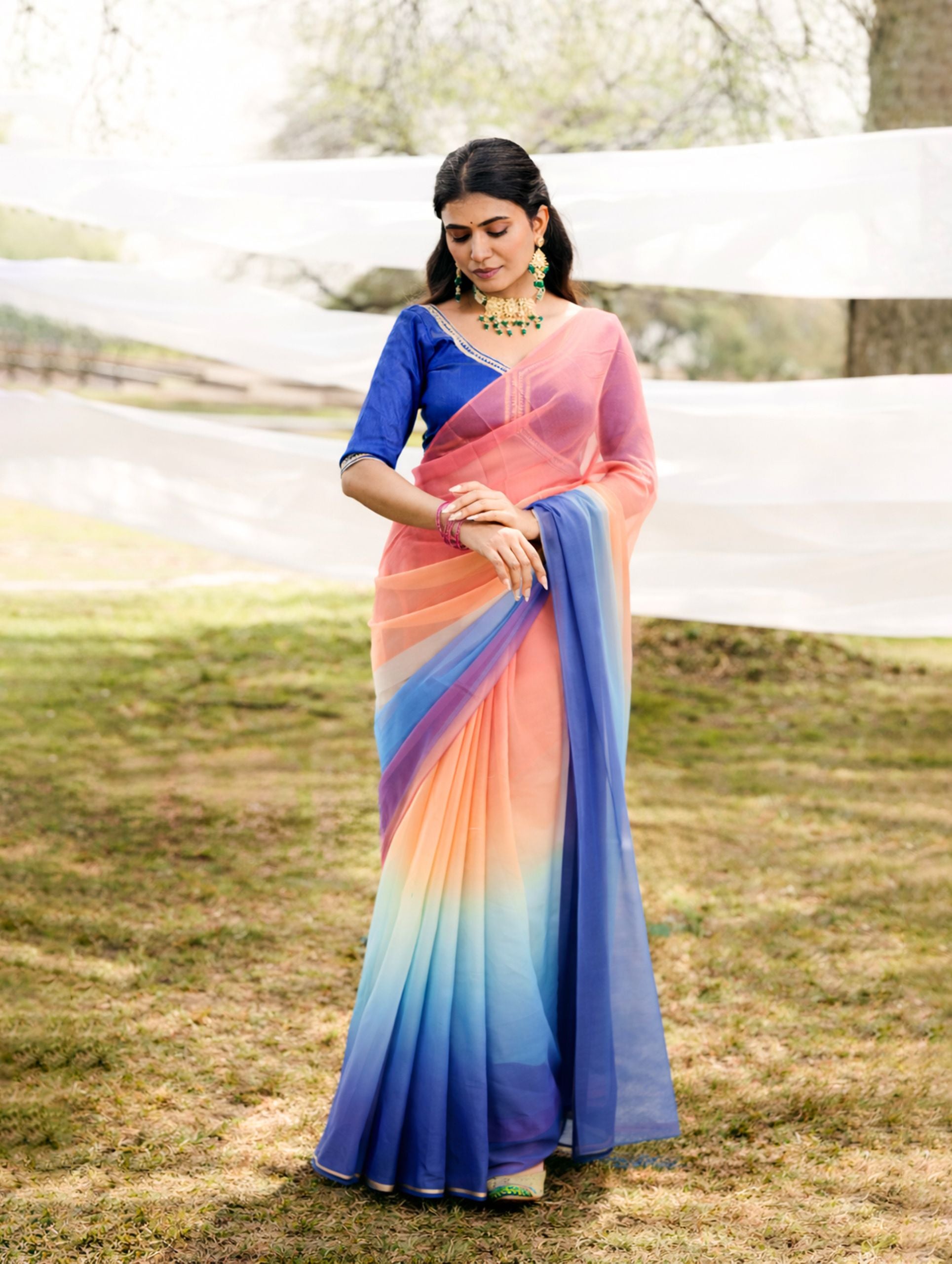 Royal Blue Flamingo Pick Shaded Hand-Dyed Viscose Chiffon Saree