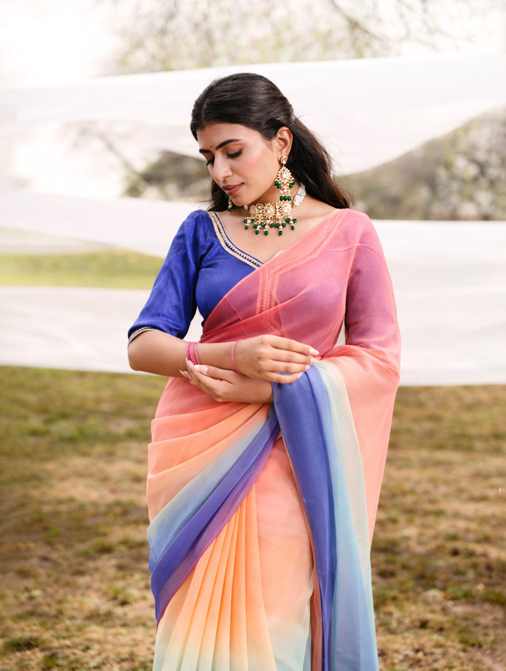 Royal Blue Flamingo Pick Shaded Hand-Dyed Viscose Chiffon Saree