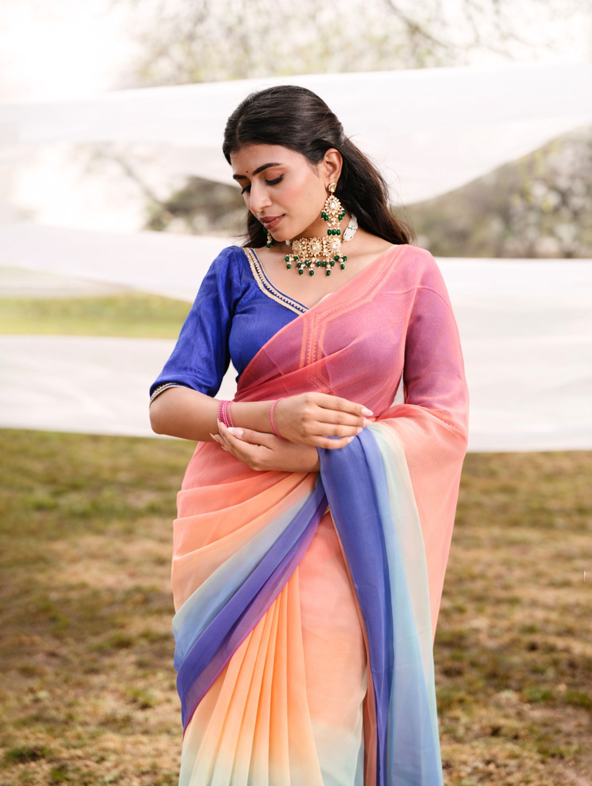 Royal Blue Flamingo Pick Shaded Hand-Dyed Viscose Chiffon Saree