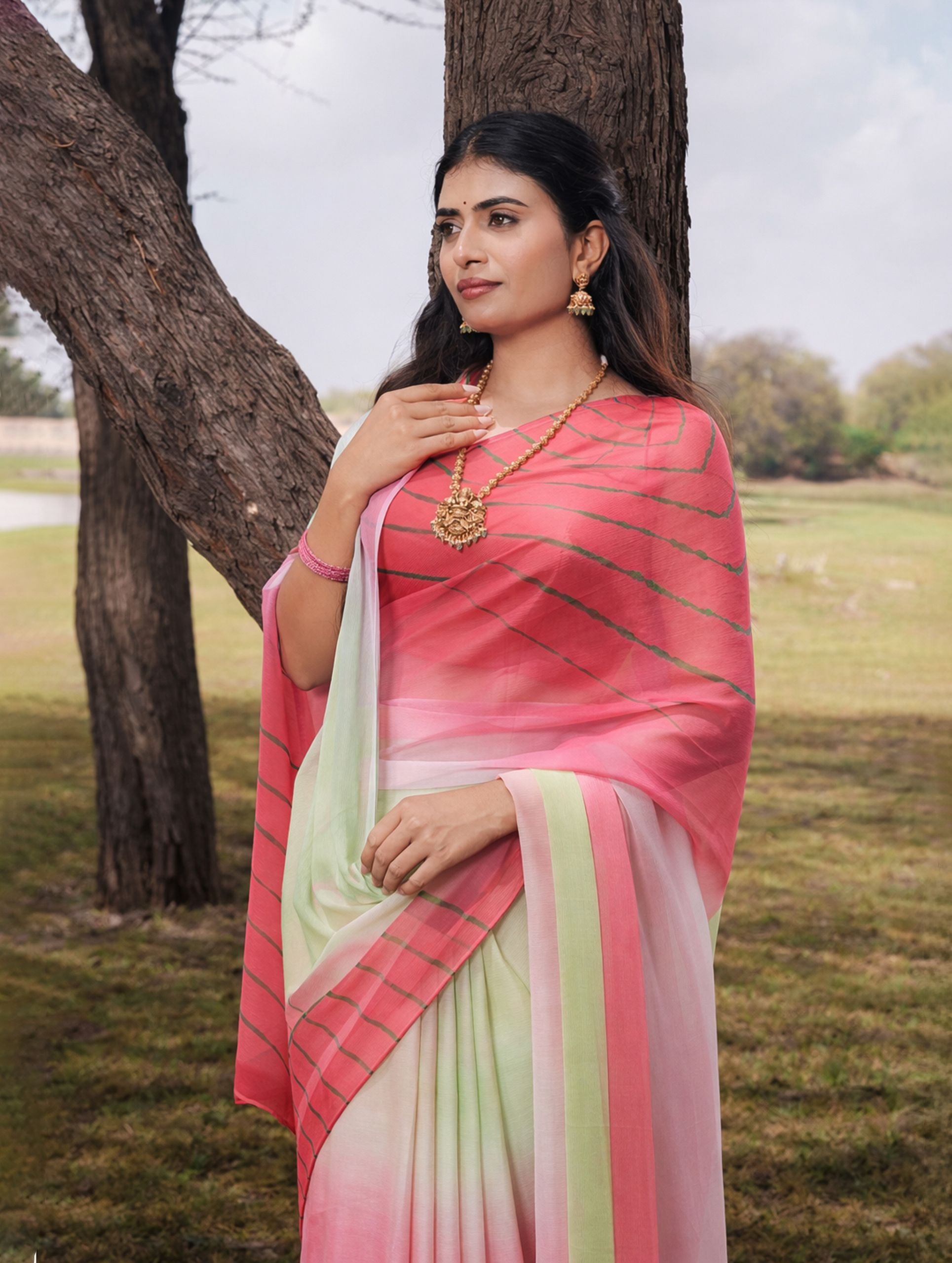 Tea Green and Watermelon Pink Multicolor Hand-Dyed Double Diamond Chiffon Saree