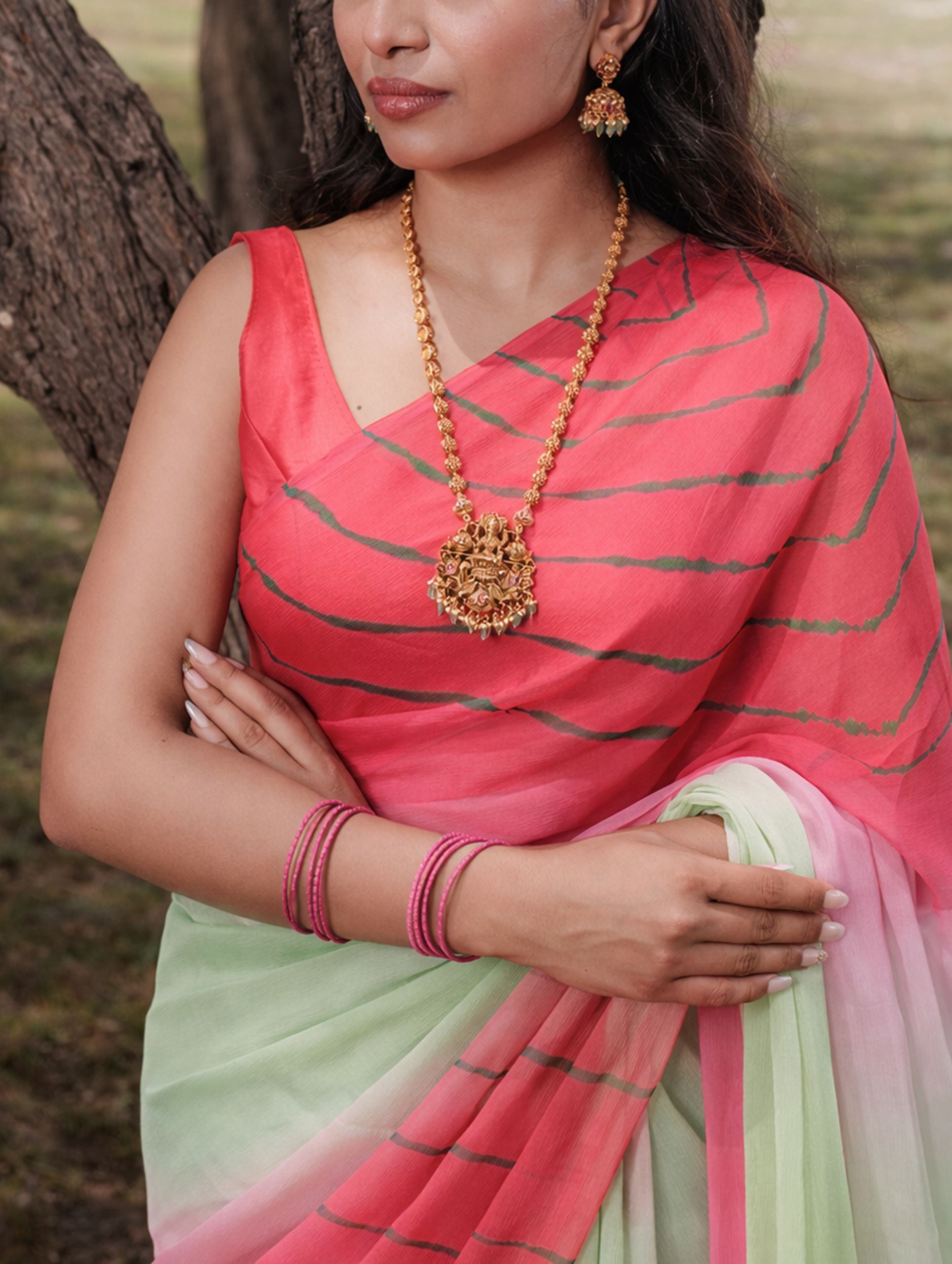 Tea Green and Watermelon Pink Multicolor Hand-Dyed Double Diamond Chiffon Saree