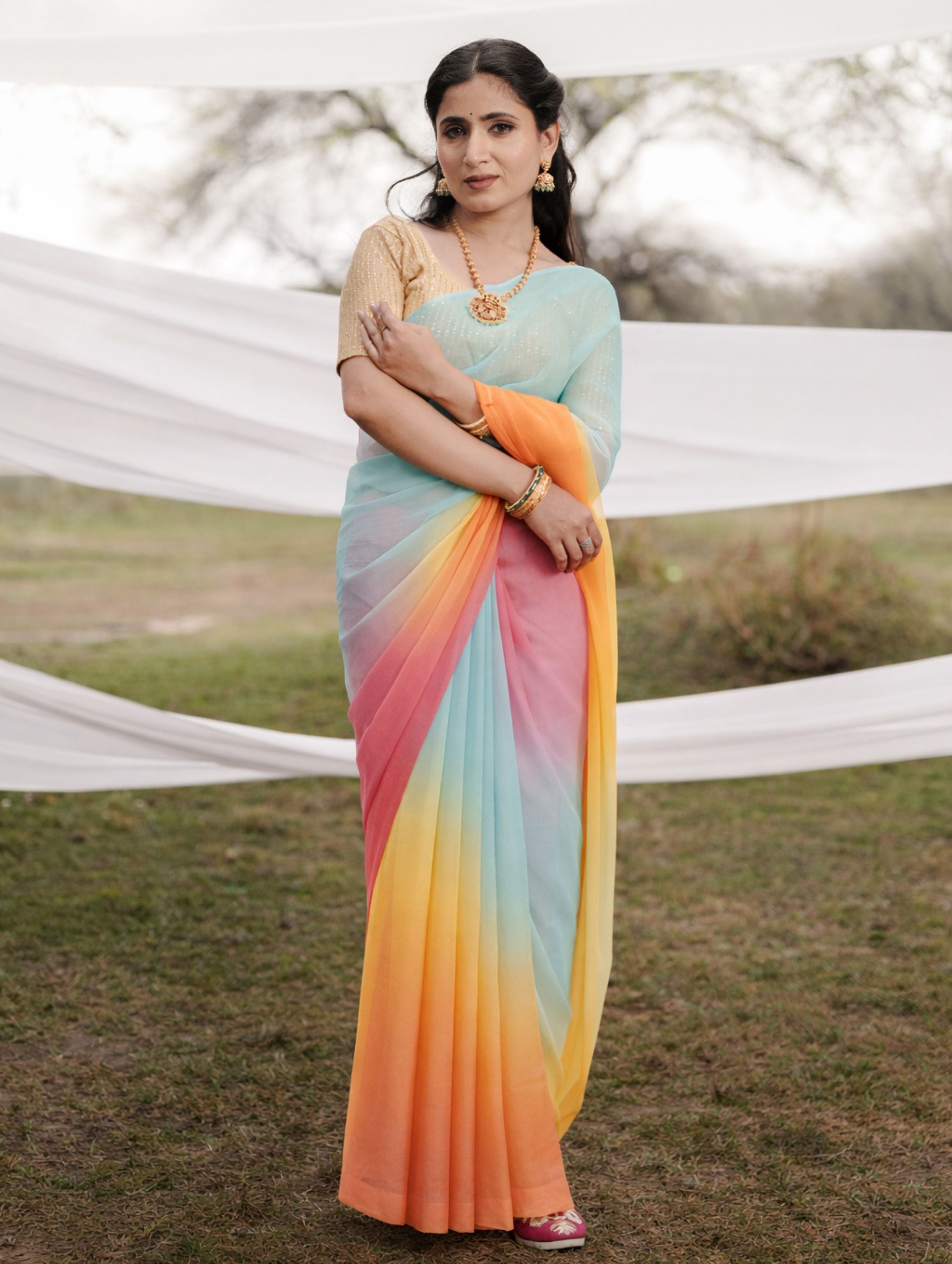 Pink Blue and Orange Multicolor Hand-Dyed Viscose Chiffon Saree