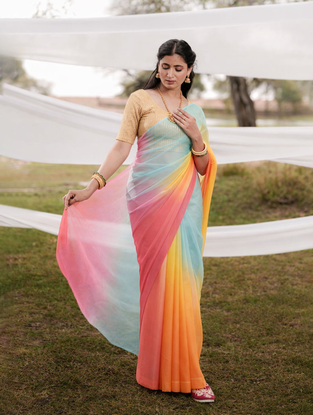 Pink Blue and Orange Multicolor Hand-Dyed Viscose Chiffon Saree
