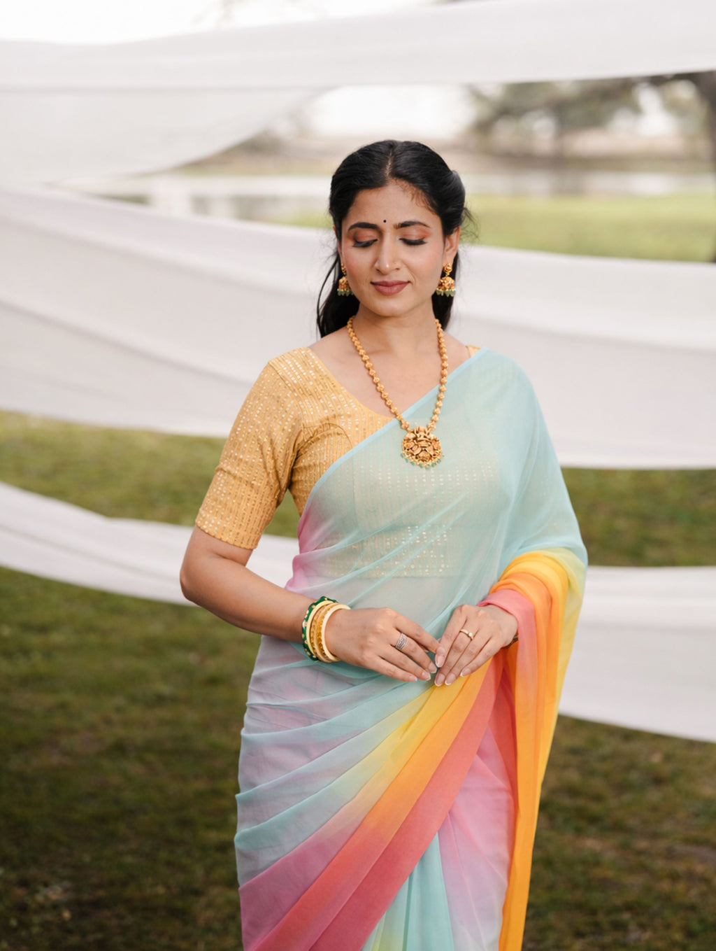 Pink Blue and Orange Multicolor Hand-Dyed Viscose Chiffon Saree