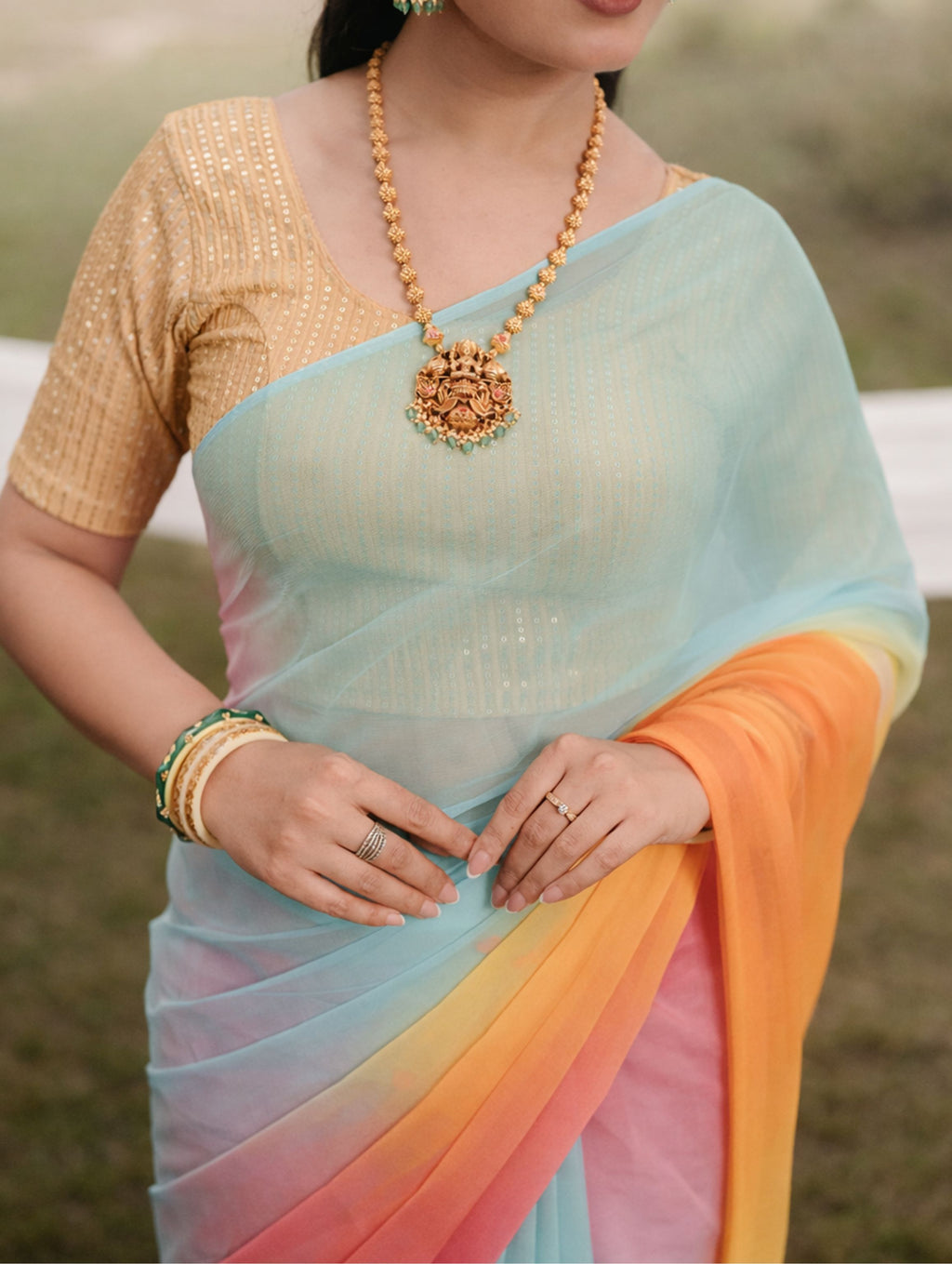 Pink Blue and Orange Multicolor Hand-Dyed Viscose Chiffon Saree