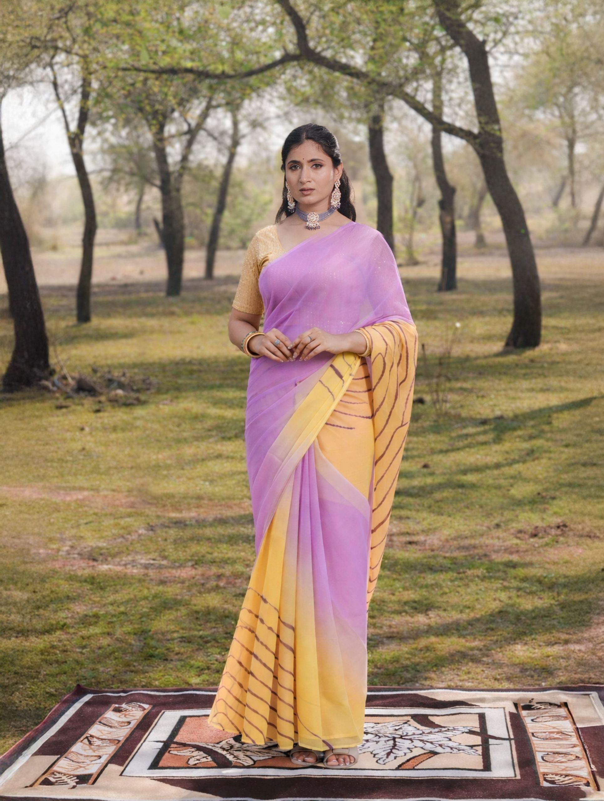 Levender Yellow Multicolor Hand-Dyed Double Diamond Chiffon Saree