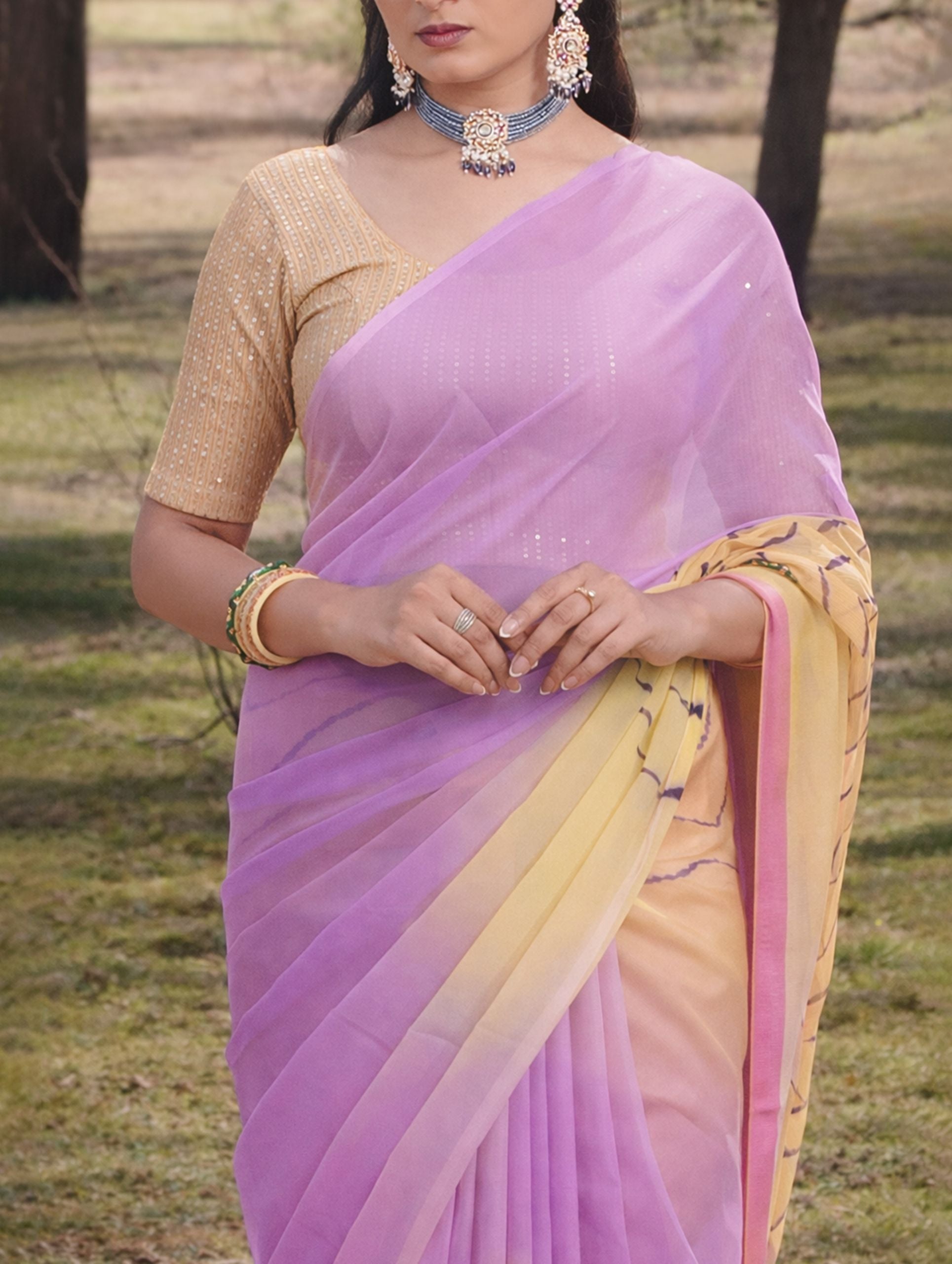 Levender Yellow Multicolor Hand-Dyed Double Diamond Chiffon Saree