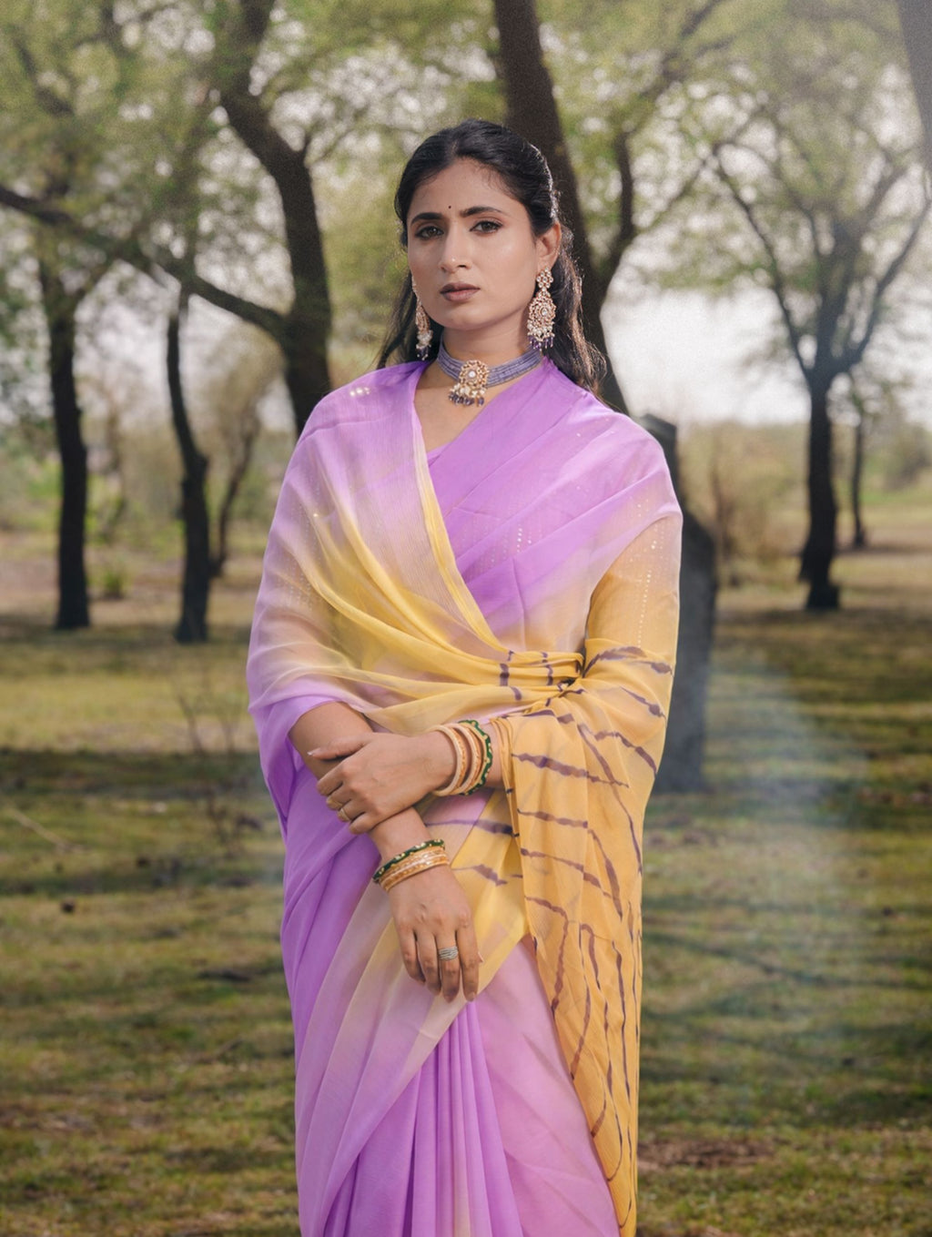 Levender Yellow Multicolor Hand-Dyed Double Diamond Chiffon Saree