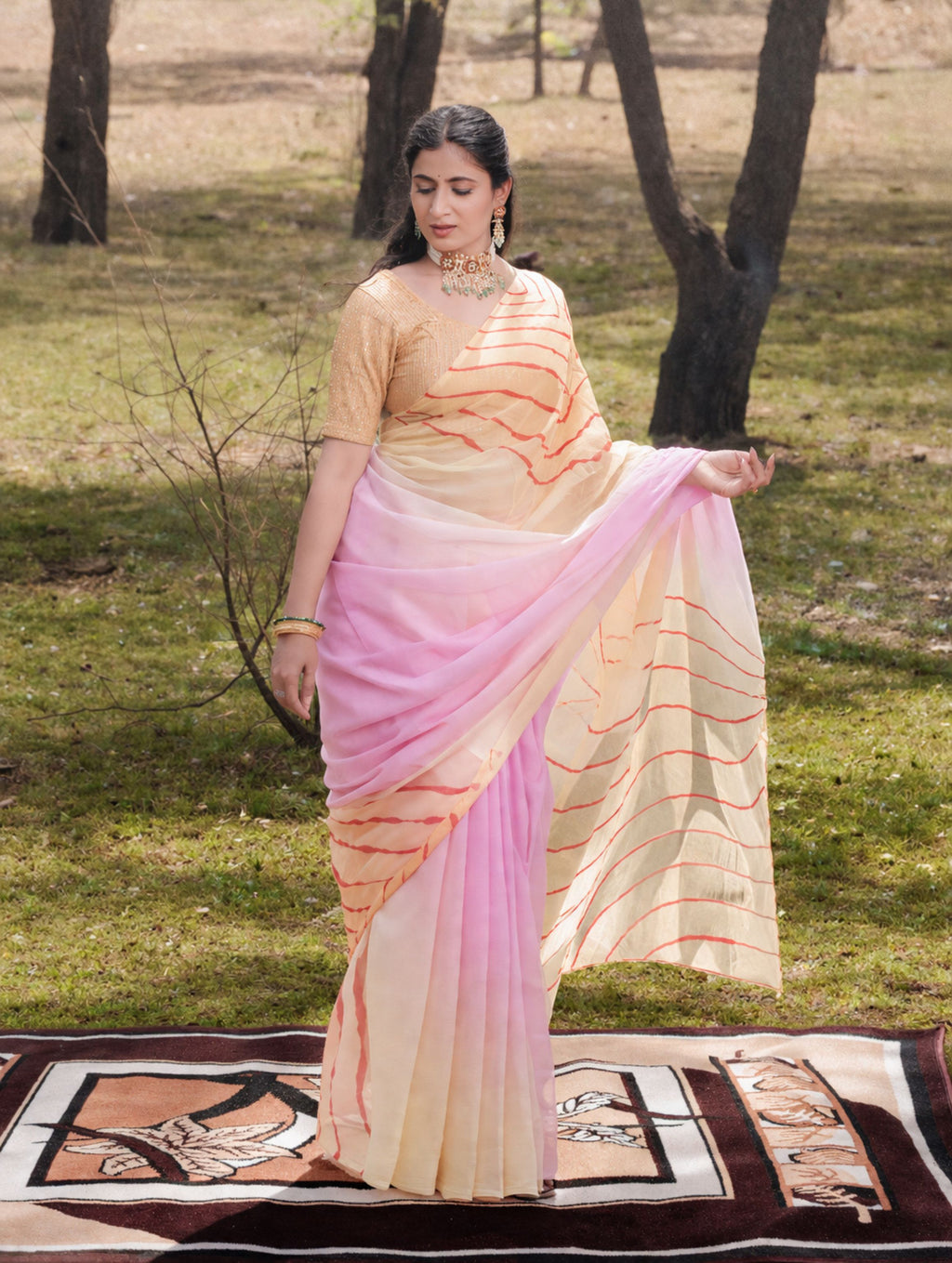 Butter Yellow, Blush Pink Multicolor Hand-Dyed Double Diamond Chiffon Saree