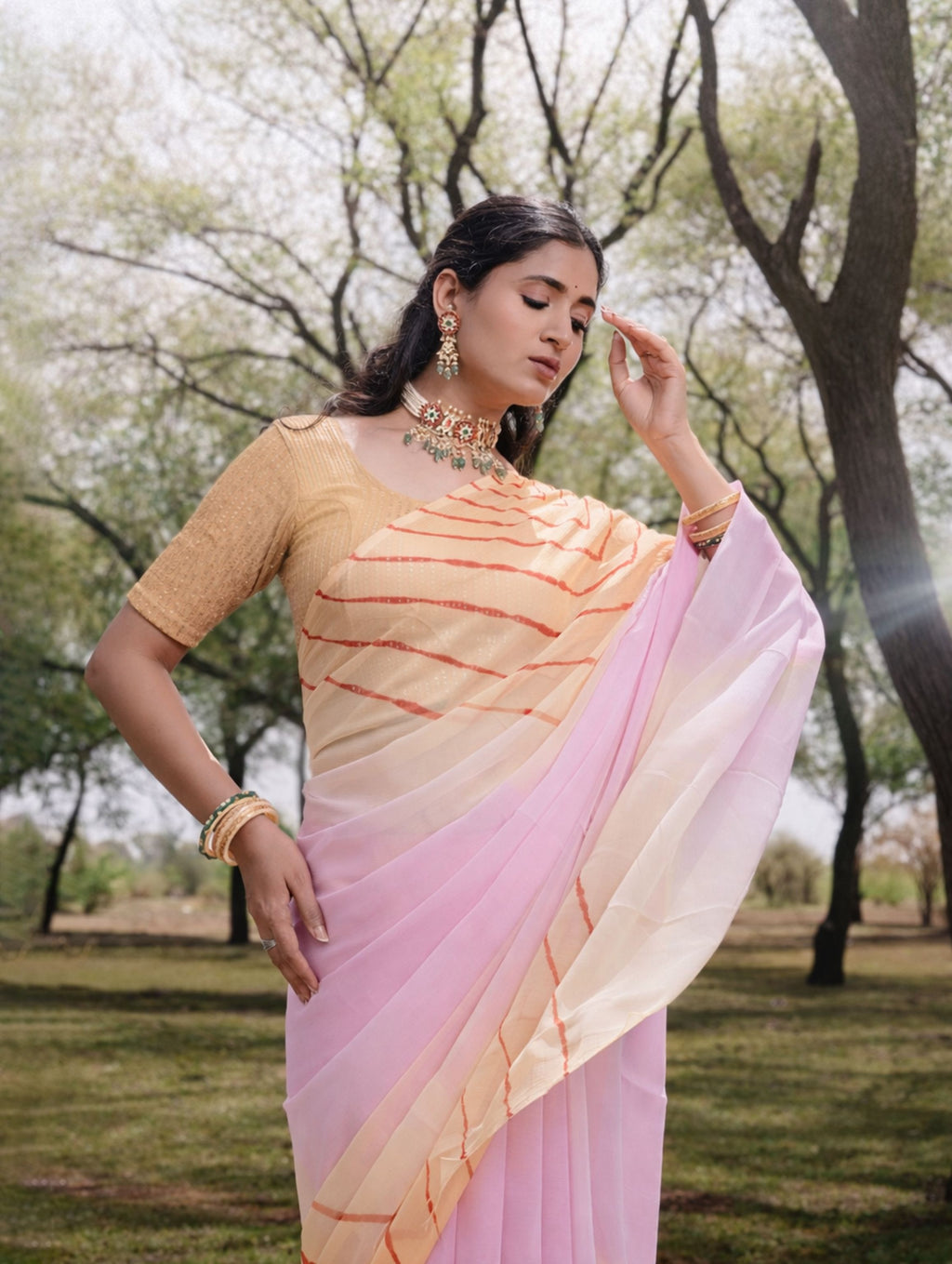 Butter Yellow, Blush Pink Multicolor Hand-Dyed Double Diamond Chiffon Saree