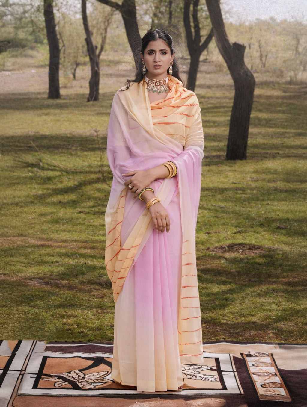 Butter Yellow, Blush Pink Multicolor Hand-Dyed Double Diamond Chiffon Saree