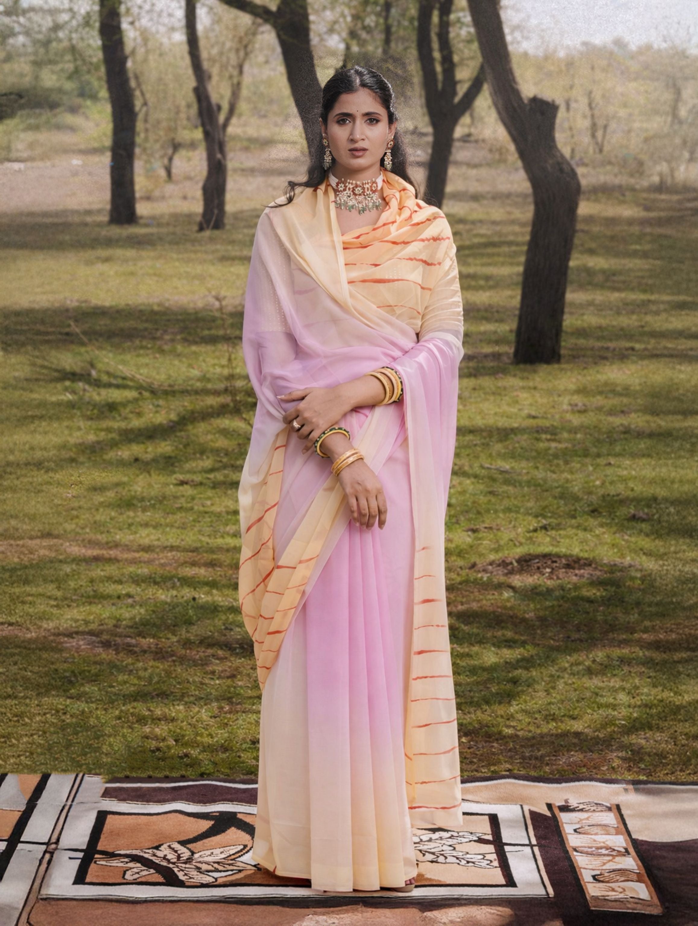 Butter Yellow, Blush Pink Multicolor Hand-Dyed Double Diamond Chiffon Saree