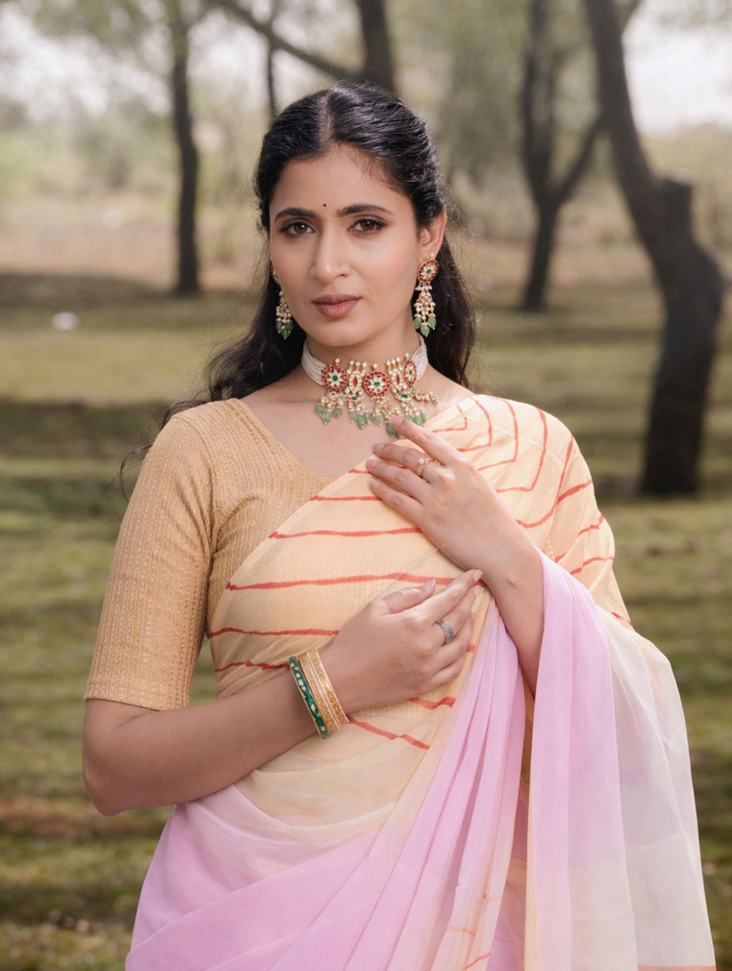 Butter Yellow, Blush Pink Multicolor Hand-Dyed Double Diamond Chiffon Saree