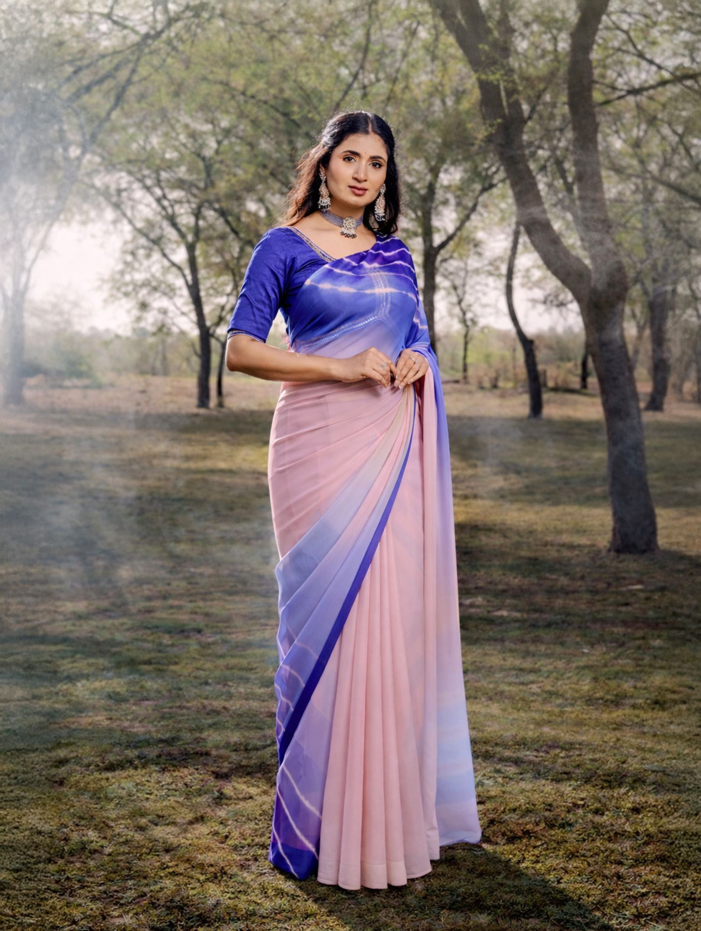 Indigo Blue Blush Pink Multicolor Hand-Dyed Double Diamond Chiffon Saree