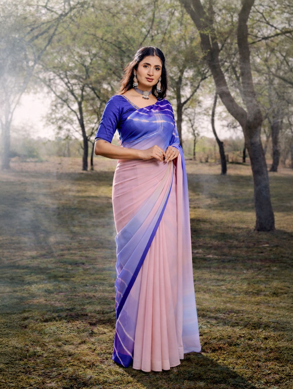 Indigo Blue And Light Pink Multicolor Hand-Dyed Double Diamond Chiffon Saree