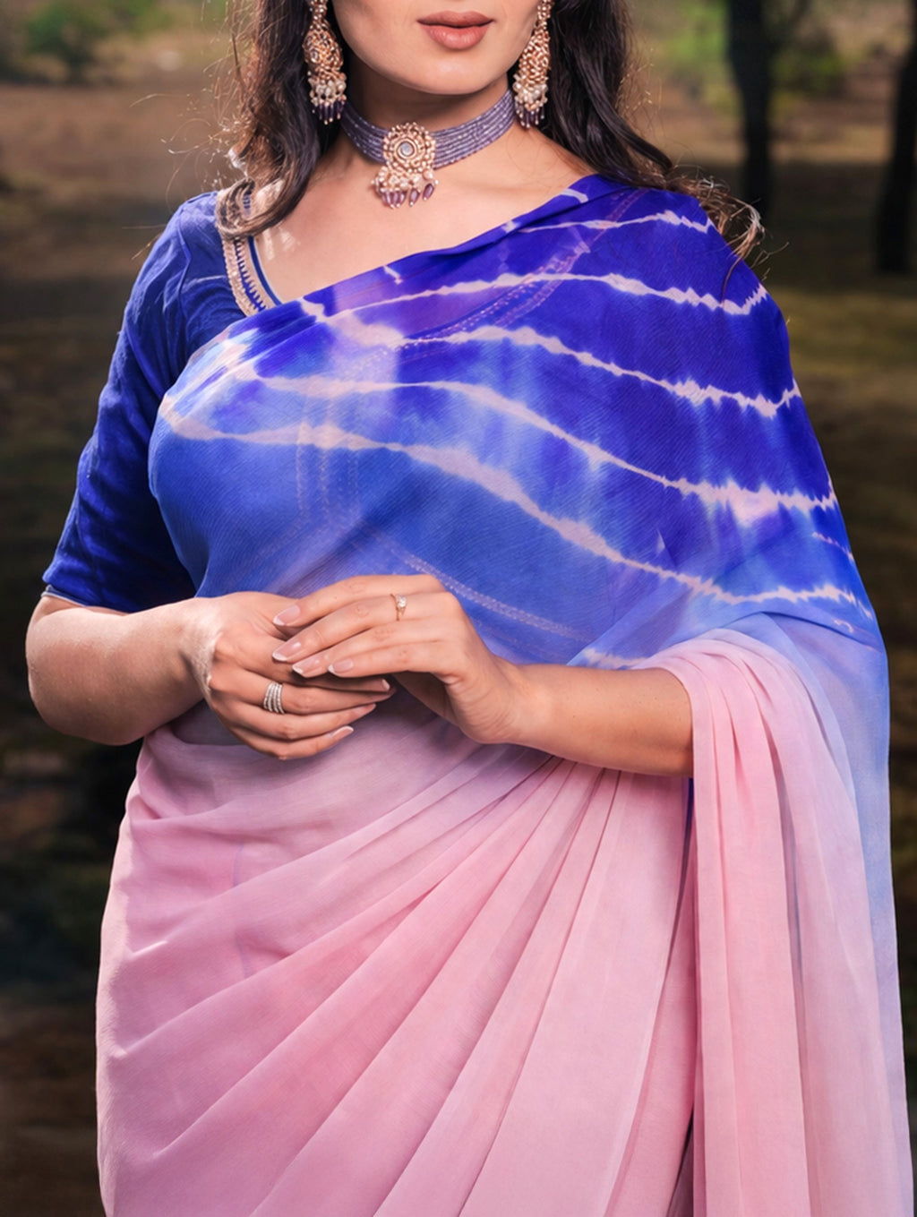 Indigo Blue And Light Pink Multicolor Hand-Dyed Double Diamond Chiffon Saree
