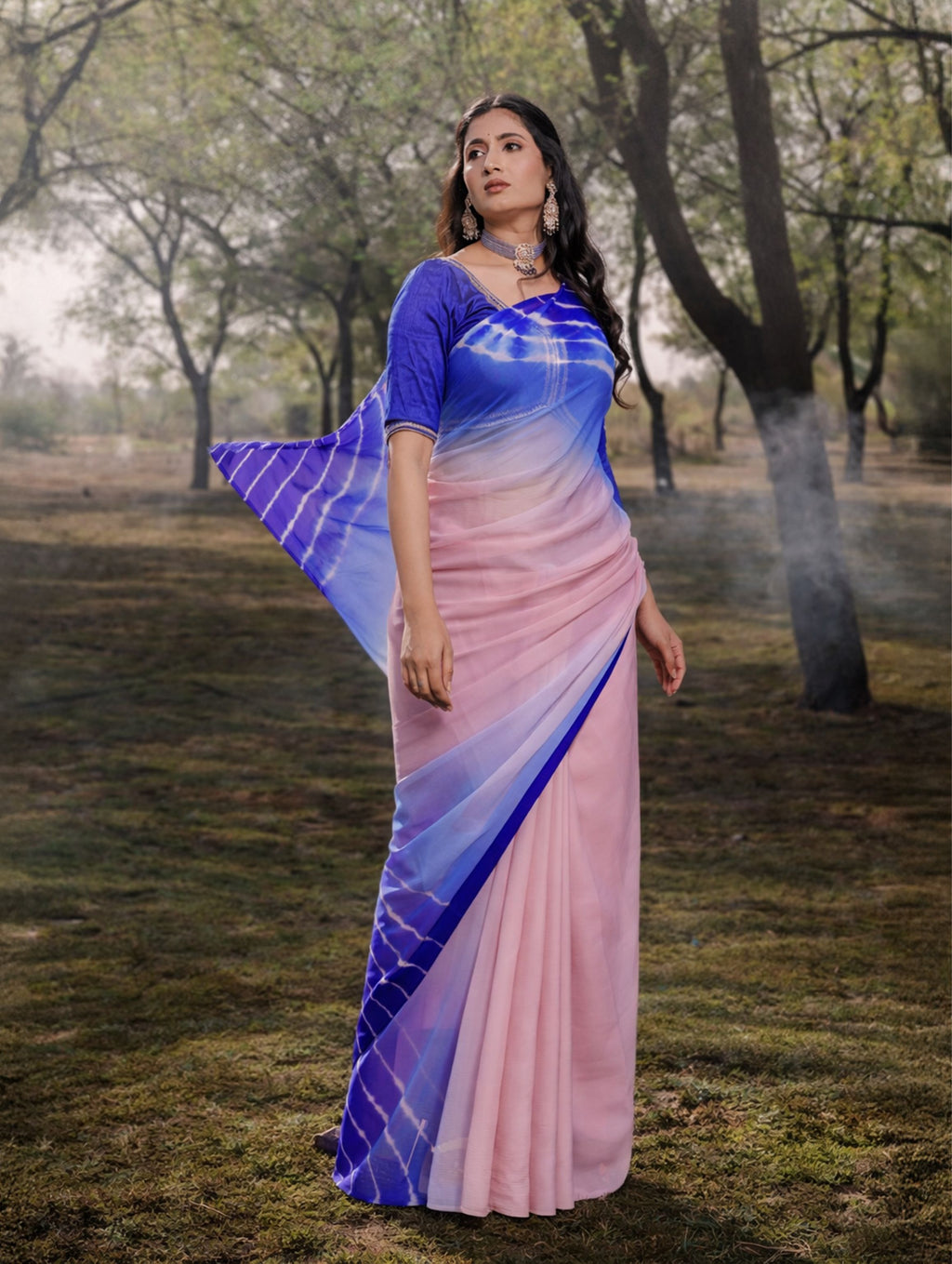 Indigo Blue And Light Pink Multicolor Hand-Dyed Double Diamond Chiffon Saree