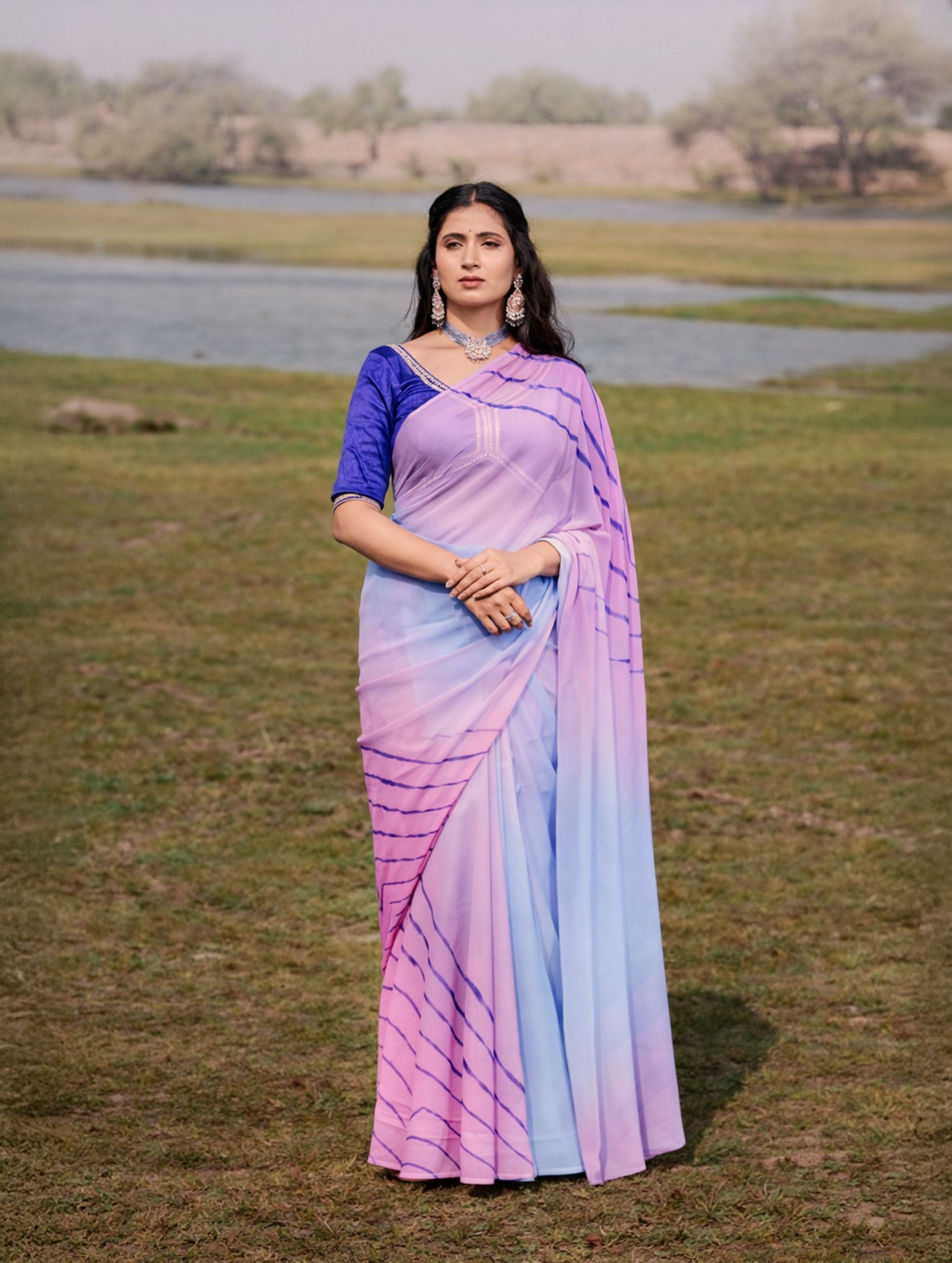 Levender Pink Ice Blue Multicolor Hand-Dyed Double Diamond Chiffon Saree