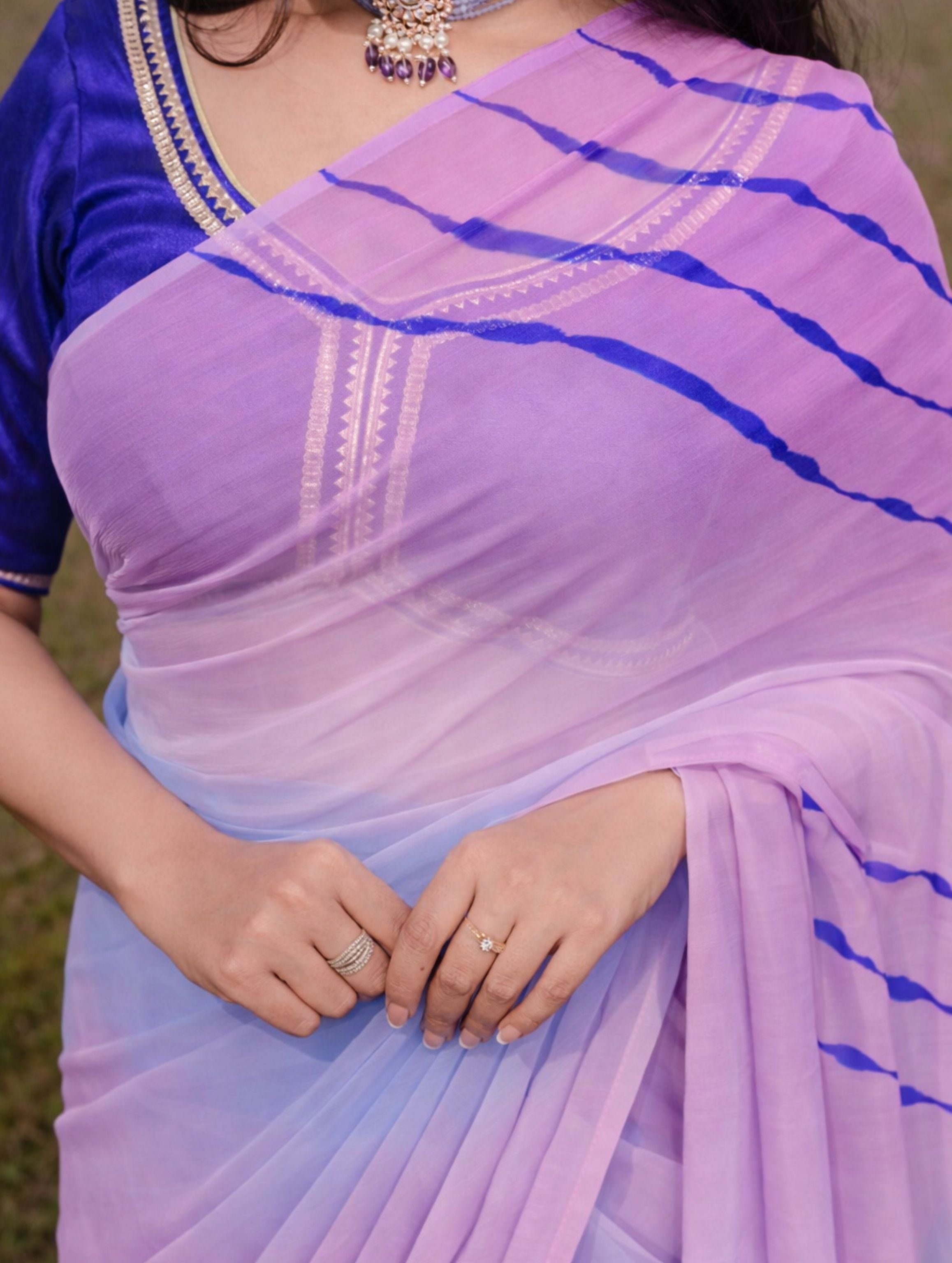 Levender Pink Ice Blue Multicolor Hand-Dyed Double Diamond Chiffon Saree
