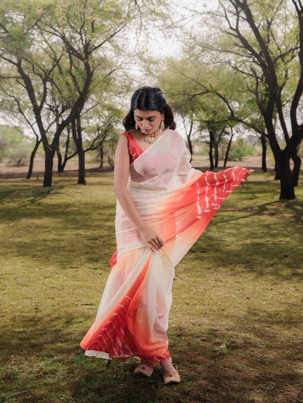 Red And Ivory Multicolor Hand-Dyed Double Diamond Chiffon Saree