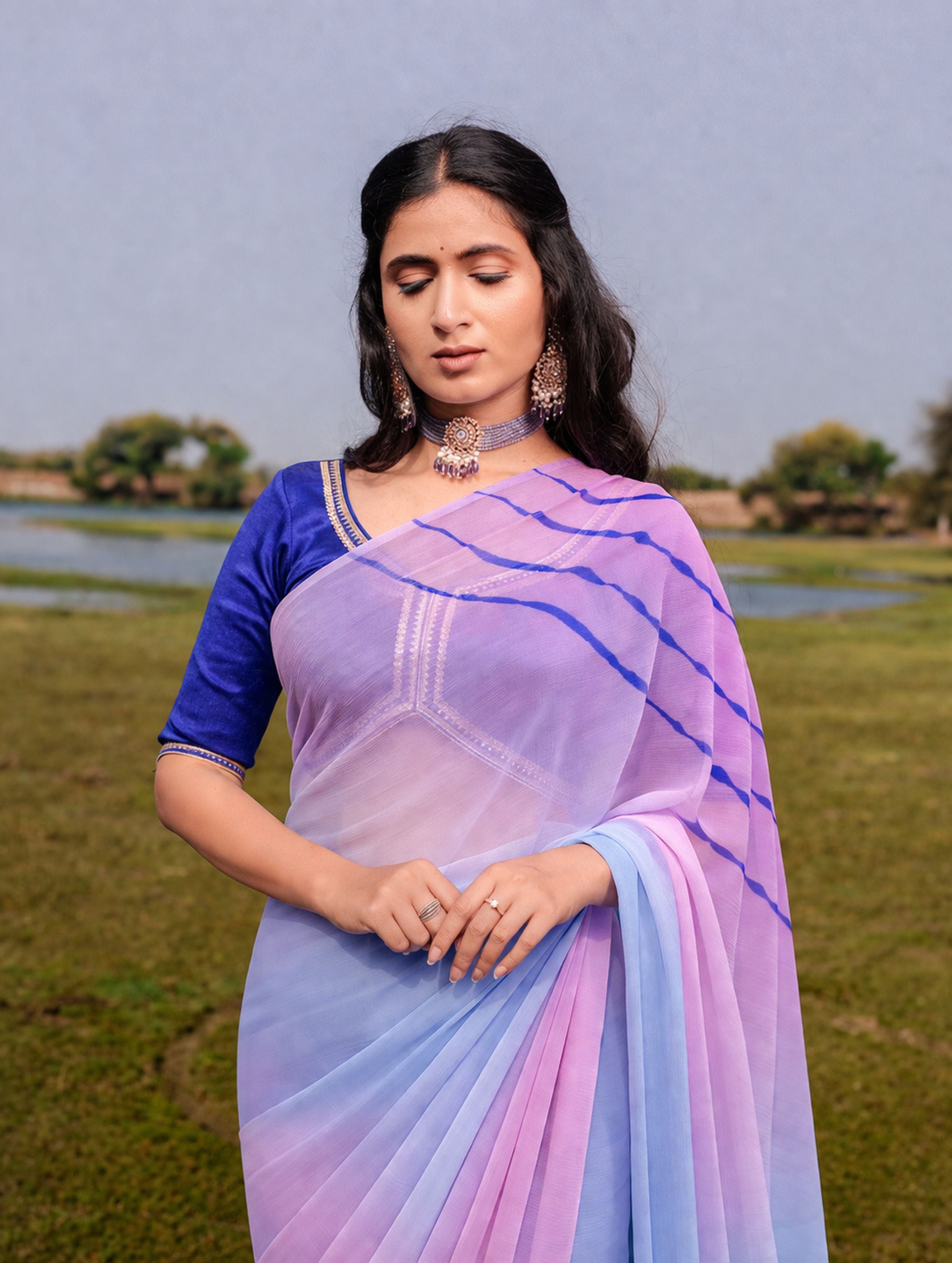 Levender Pink Ice Blue Multicolor Hand-Dyed Double Diamond Chiffon Saree