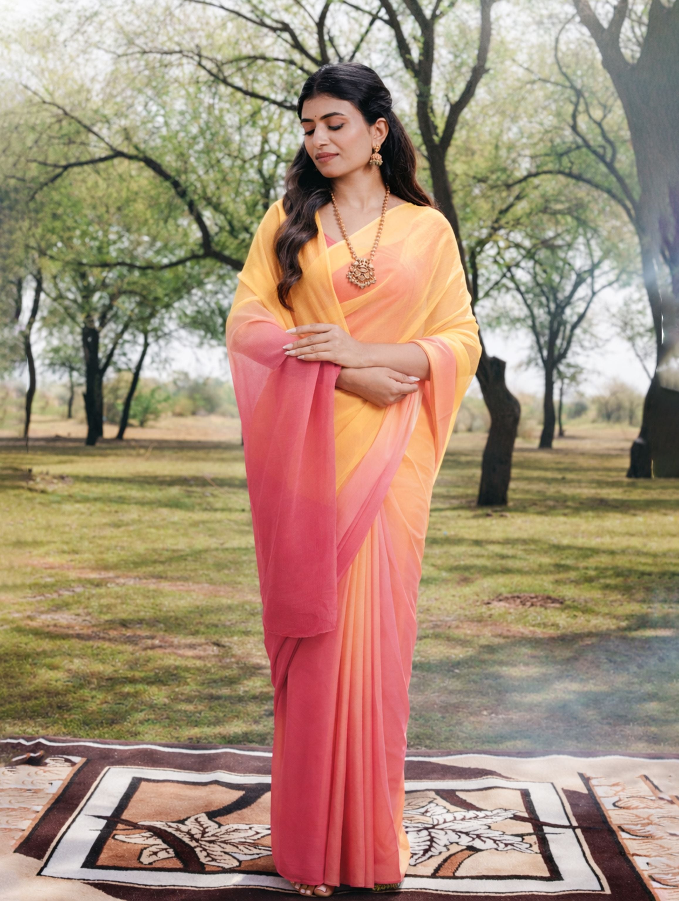 Yellow And Peach Shaded Hand-Dyed Viscose Chiffon Saree