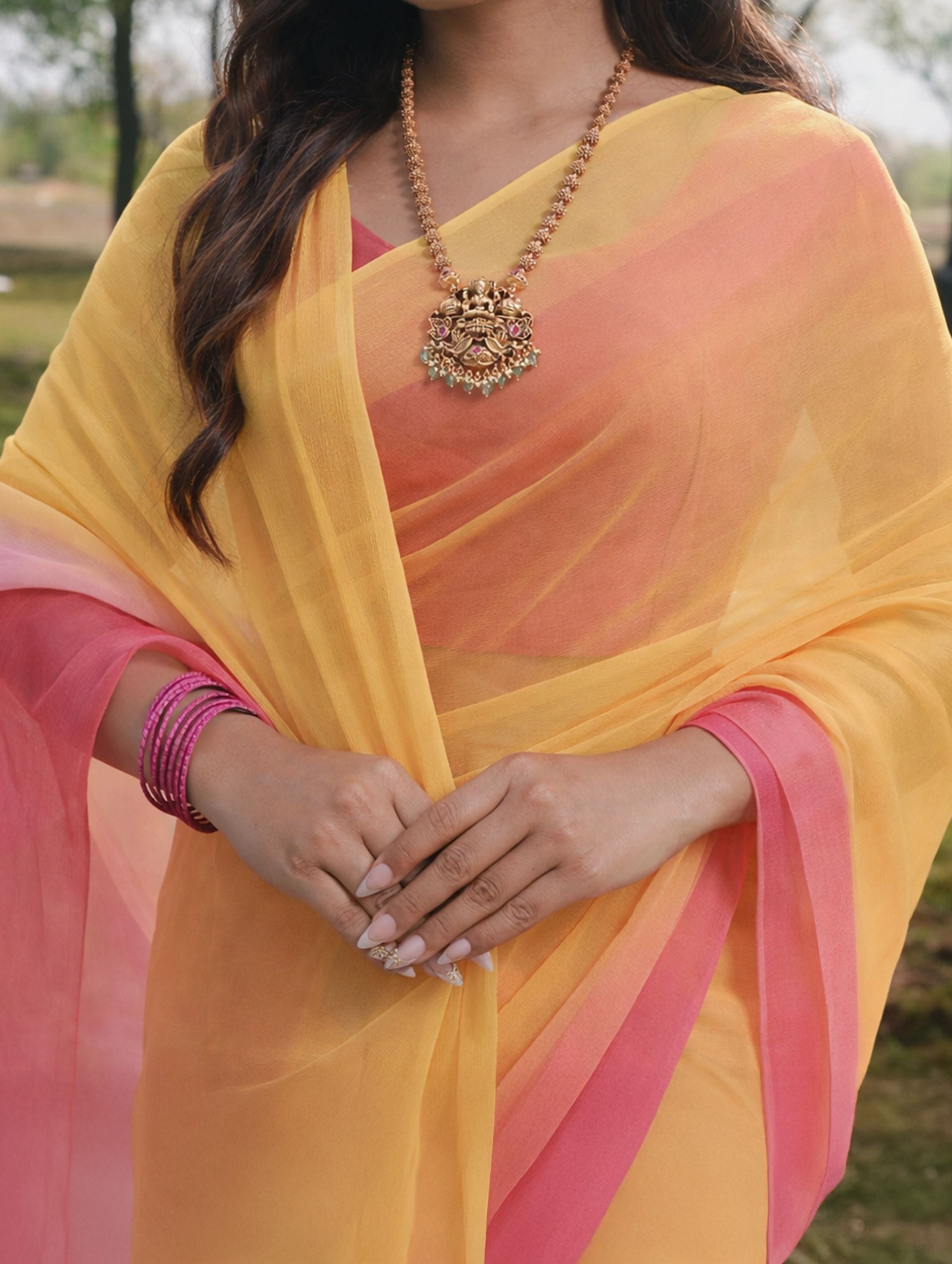 Yellow And Peach Shaded Hand-Dyed Viscose Chiffon Saree
