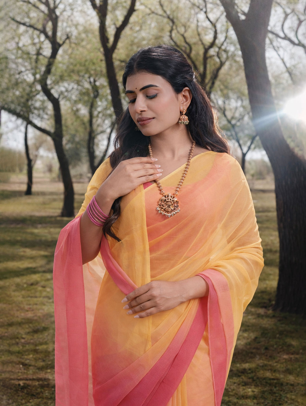 Yellow And Peach Shaded Hand-Dyed Viscose Chiffon Saree
