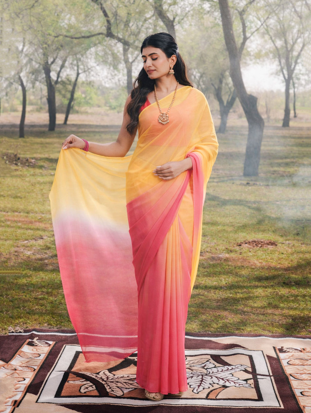Yellow And Peach Shaded Hand-Dyed Viscose Chiffon Saree