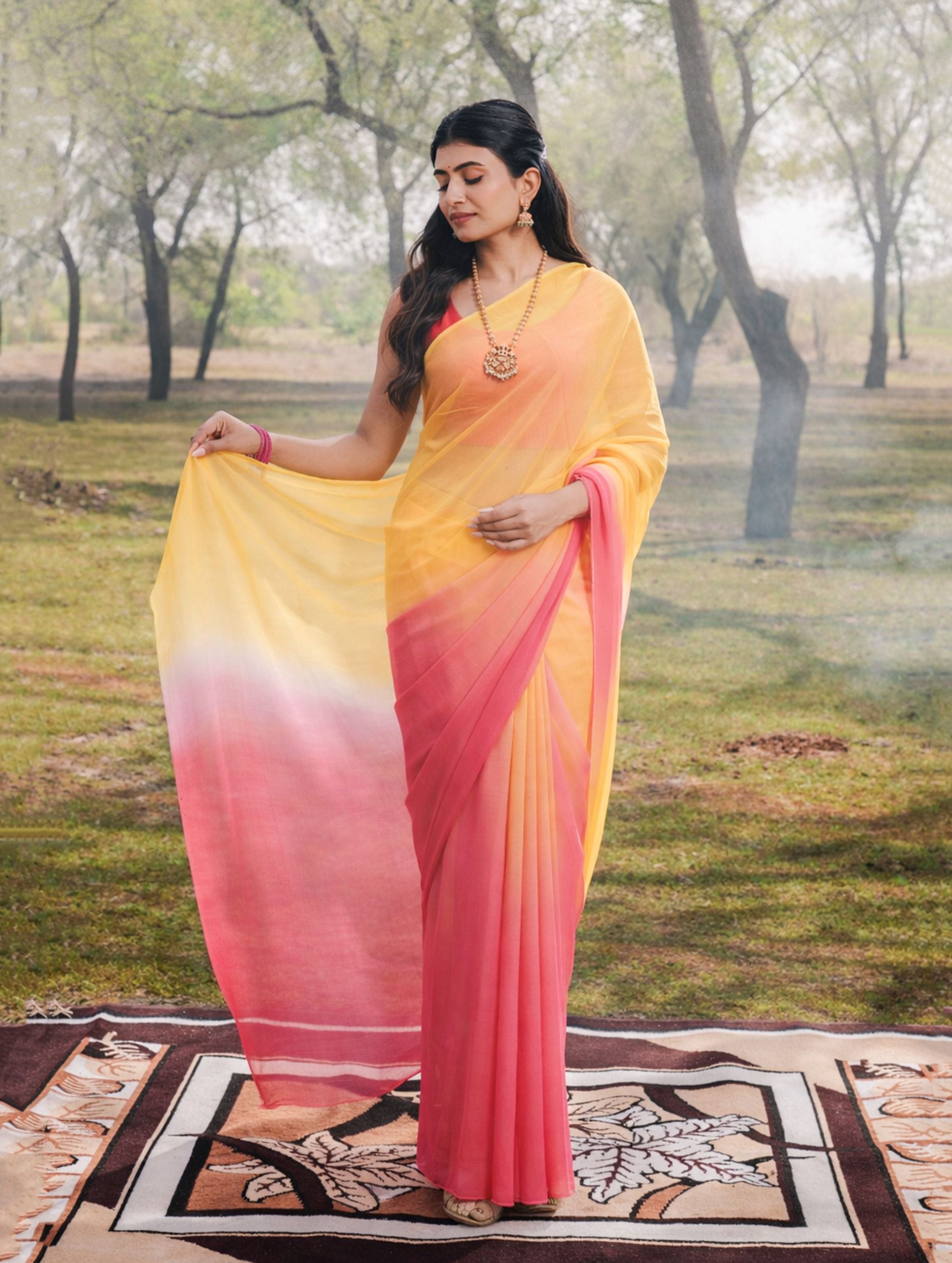 Yellow And Peach Shaded Hand-Dyed Viscose Chiffon Saree