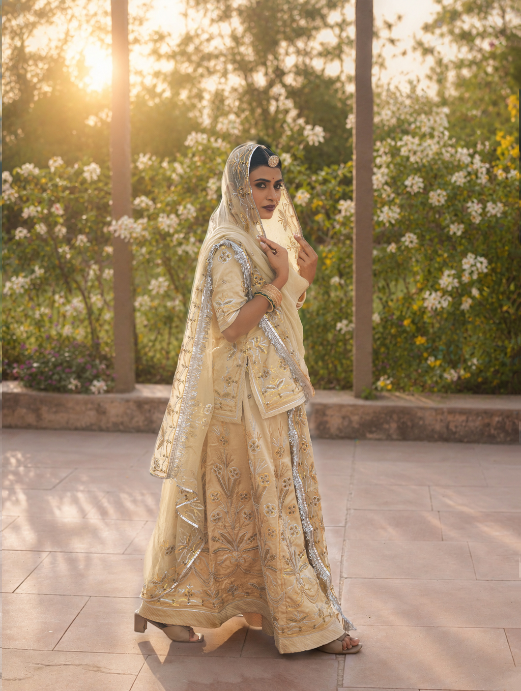 Ivory Beige Rajputi Poshak With Pure Odhna