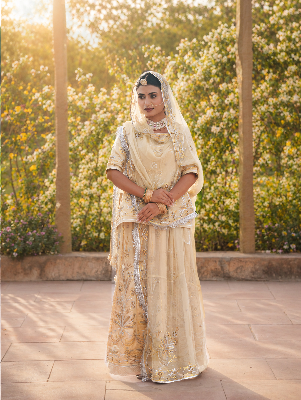 Ivory Beige Rajputi Poshak With Pure Odhna