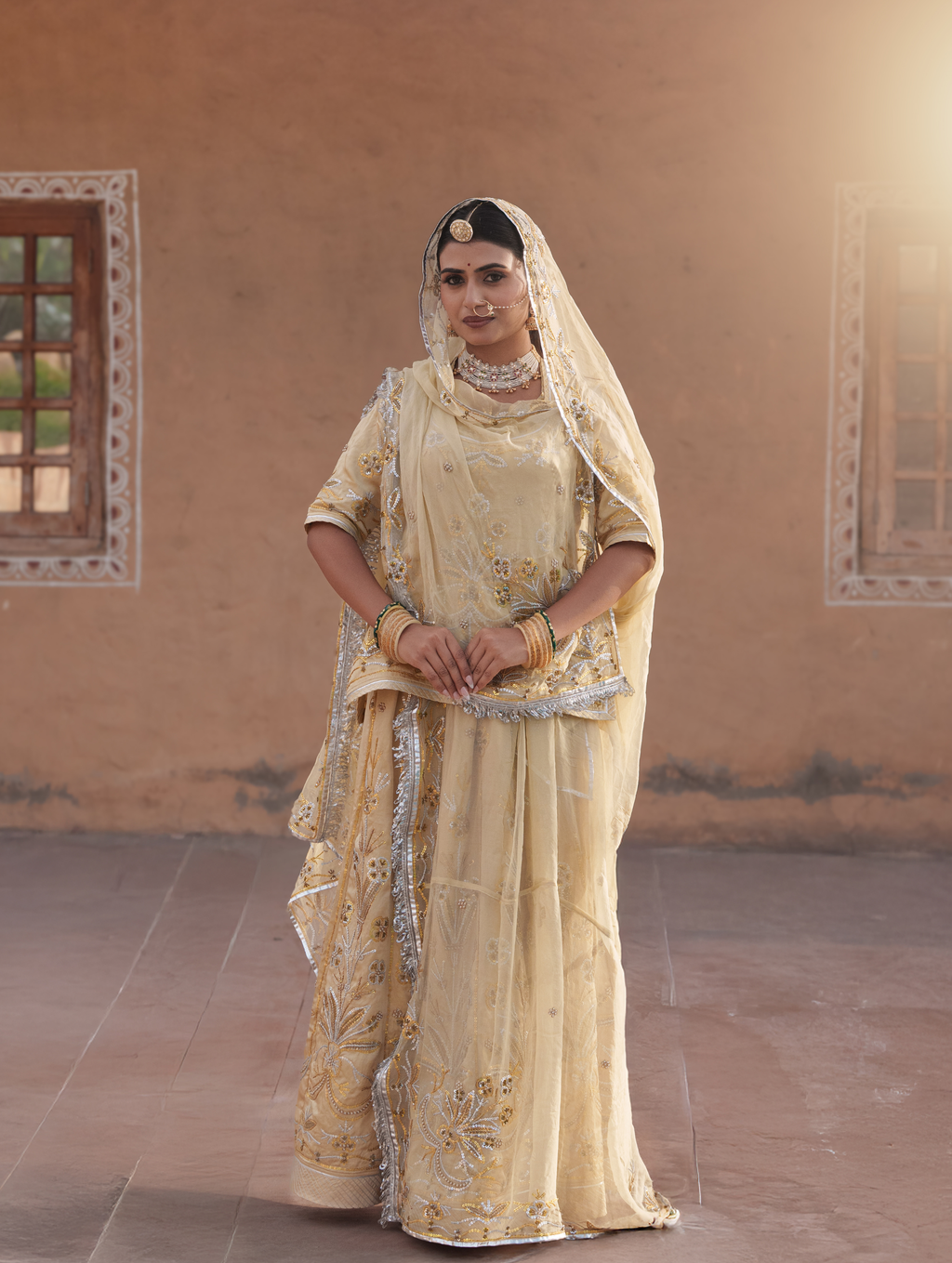Ivory Beige Rajputi Poshak With Pure Odhna