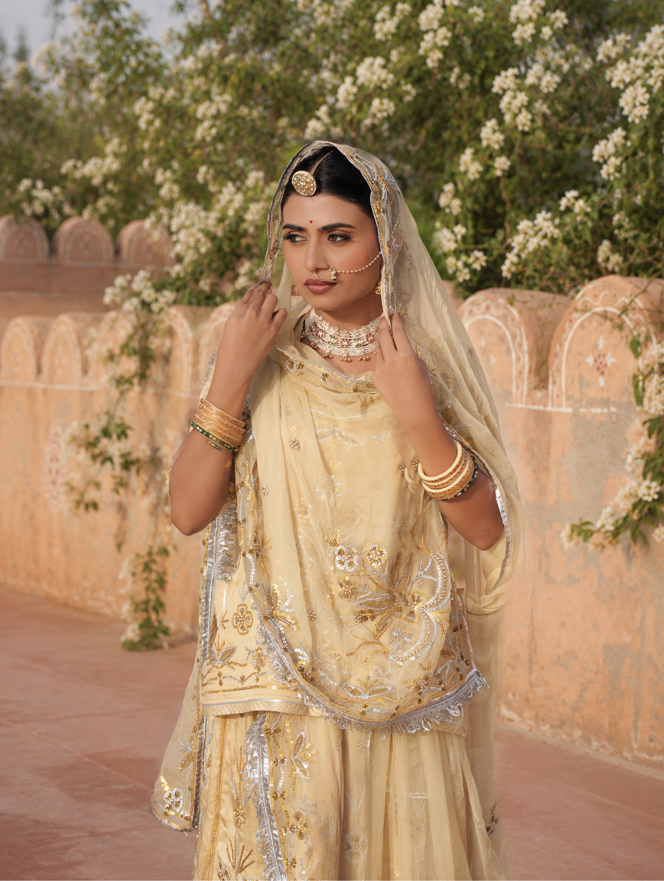 Ivory Beige Rajputi Poshak With Pure Odhna