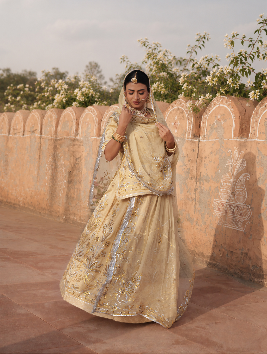Ivory Beige Rajputi Poshak With Pure Odhna