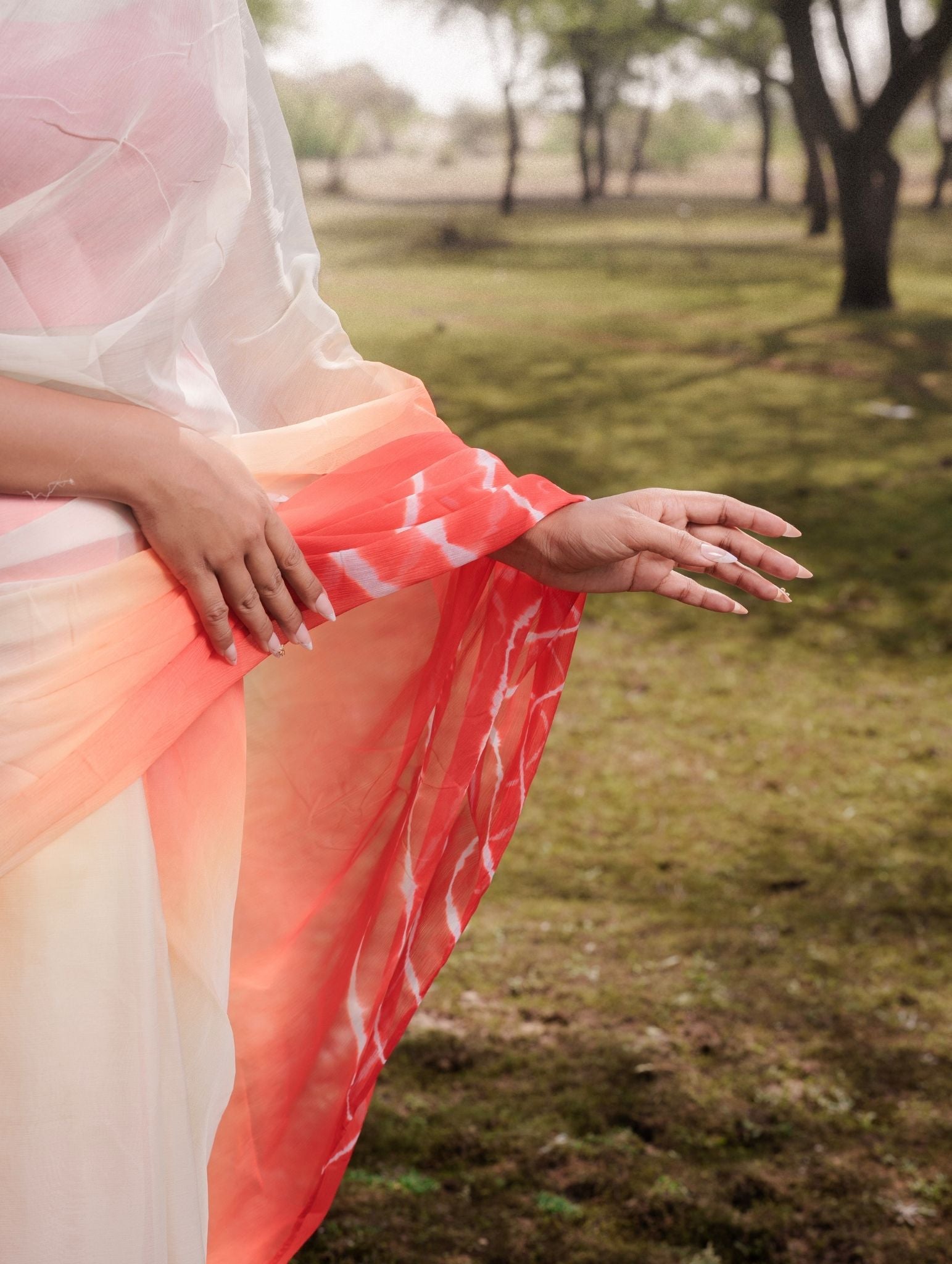 Red And Ivory Multicolor Hand-Dyed Double Diamond Chiffon Saree