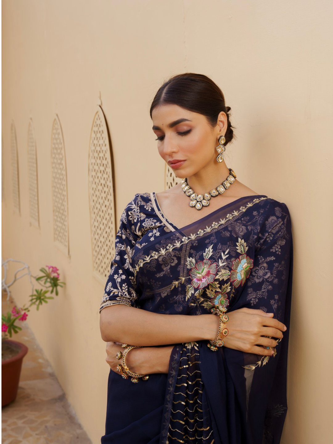 Navy Blue Chiffon Saree – Floral Zari