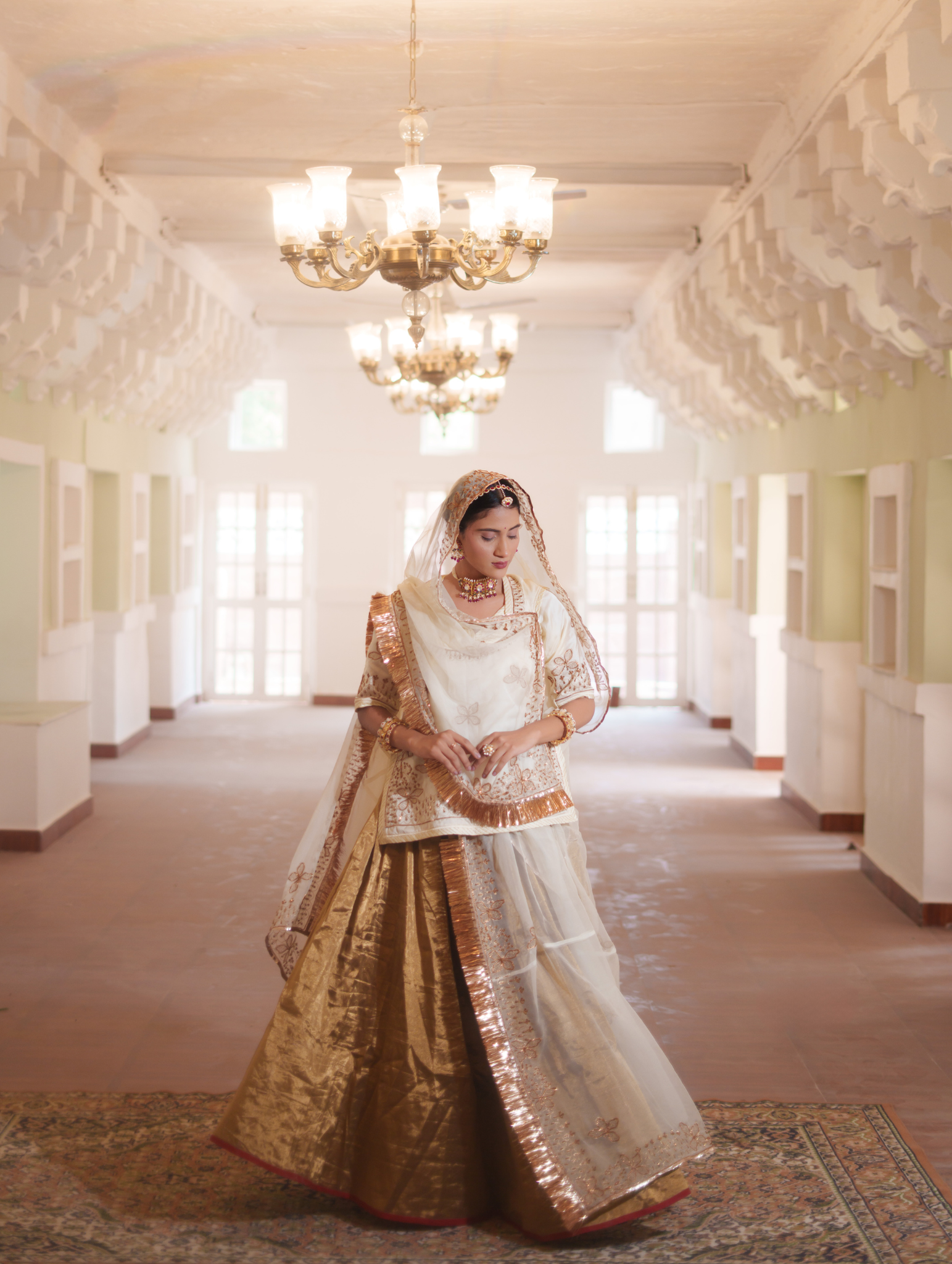 Ivory and Gold Tissue Bamber Satin  Rajputi Poshak
